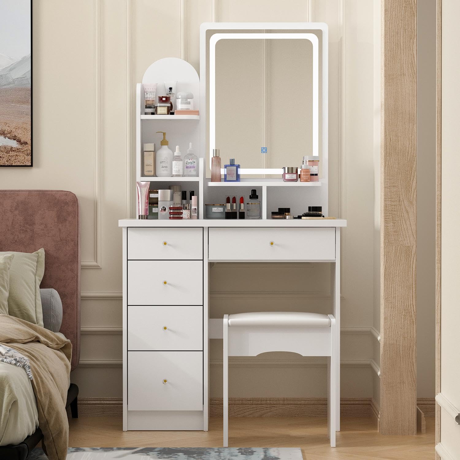 White vanity table with mirror and drawers in a bedroom setting