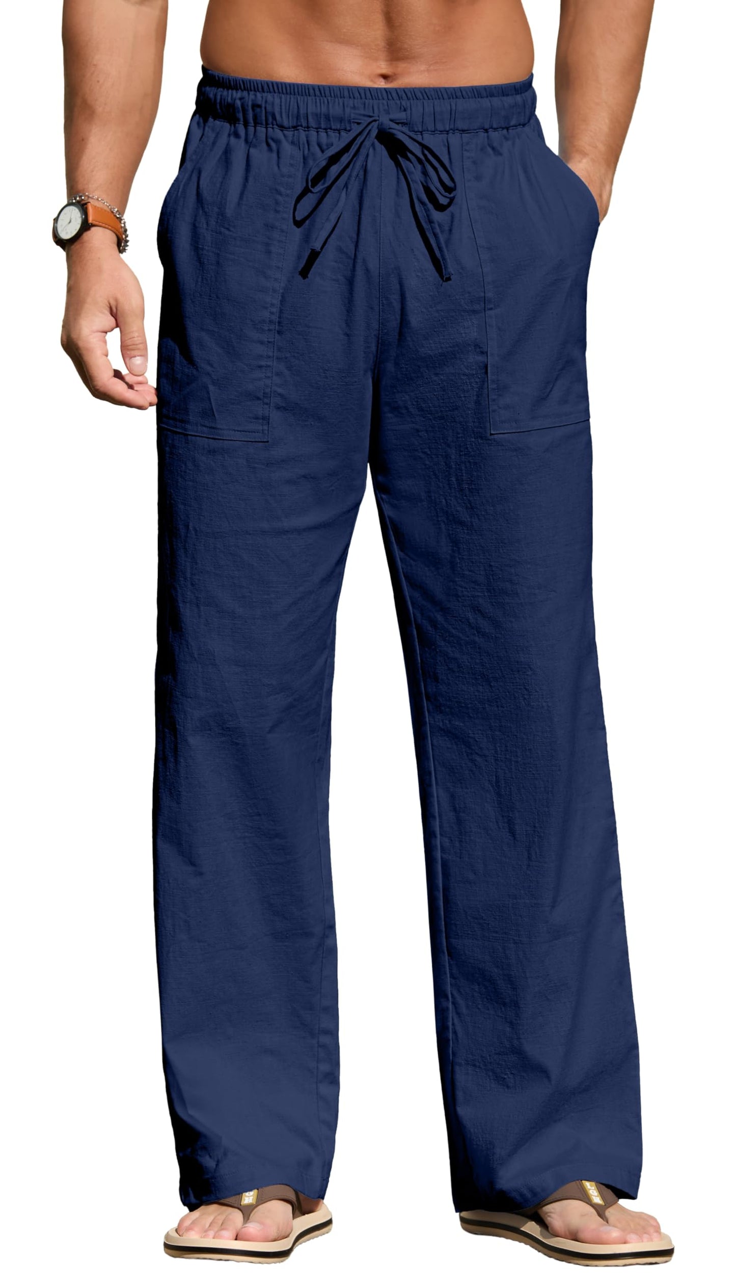 Sailwind Men's Casual Linen Pants Beach Summer Elastic Waist Drawstring Pants Lightweight Linen Trousers White