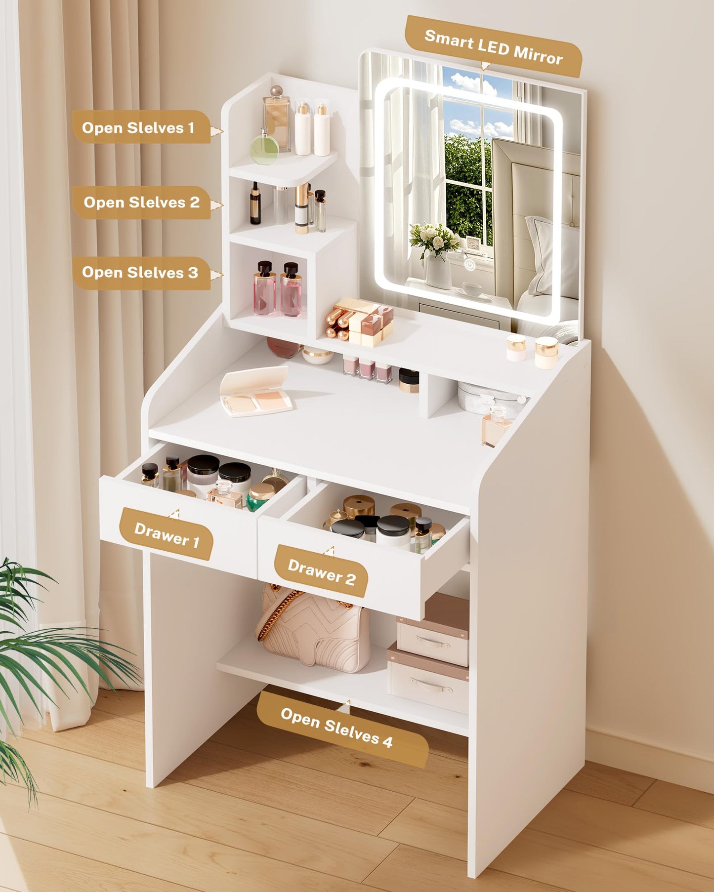 White vanity with mirror, shelves, and drawers in a room setting.