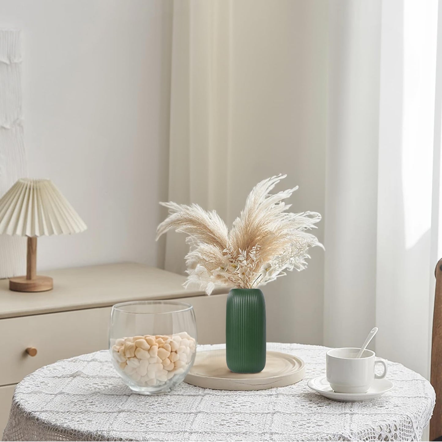 Ceramic Vase for Flowers – Modern Small Ribbed Textured Flower Vase for Home Decor, Pampas Grass, Decorative, Farmhouse, Coffee Table, Kitchen Centerpieces, Bookshelf and Home Living (White)