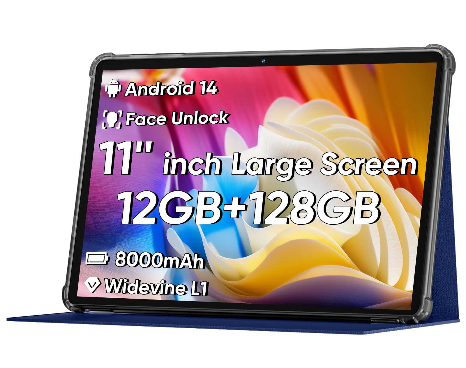 2025 Upgraded Android 14 Tablet, 11inch Tablet PC,Support Face Unlock, Octa-core CPU,12GB+128GB+1TB Expand, 8000mAh Big Battery, 18W Fast Charging, WiFi6, BT5.0,Touchscreen Display Tableta with Case