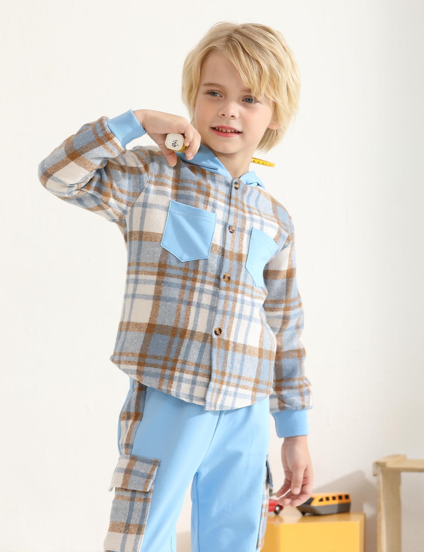 Auiopila Kids Toddler Boy Clothes Plaid Hooded Shirt White T-shirt Top and Solid Color Pants 3Pcs Winter Boys Outfits