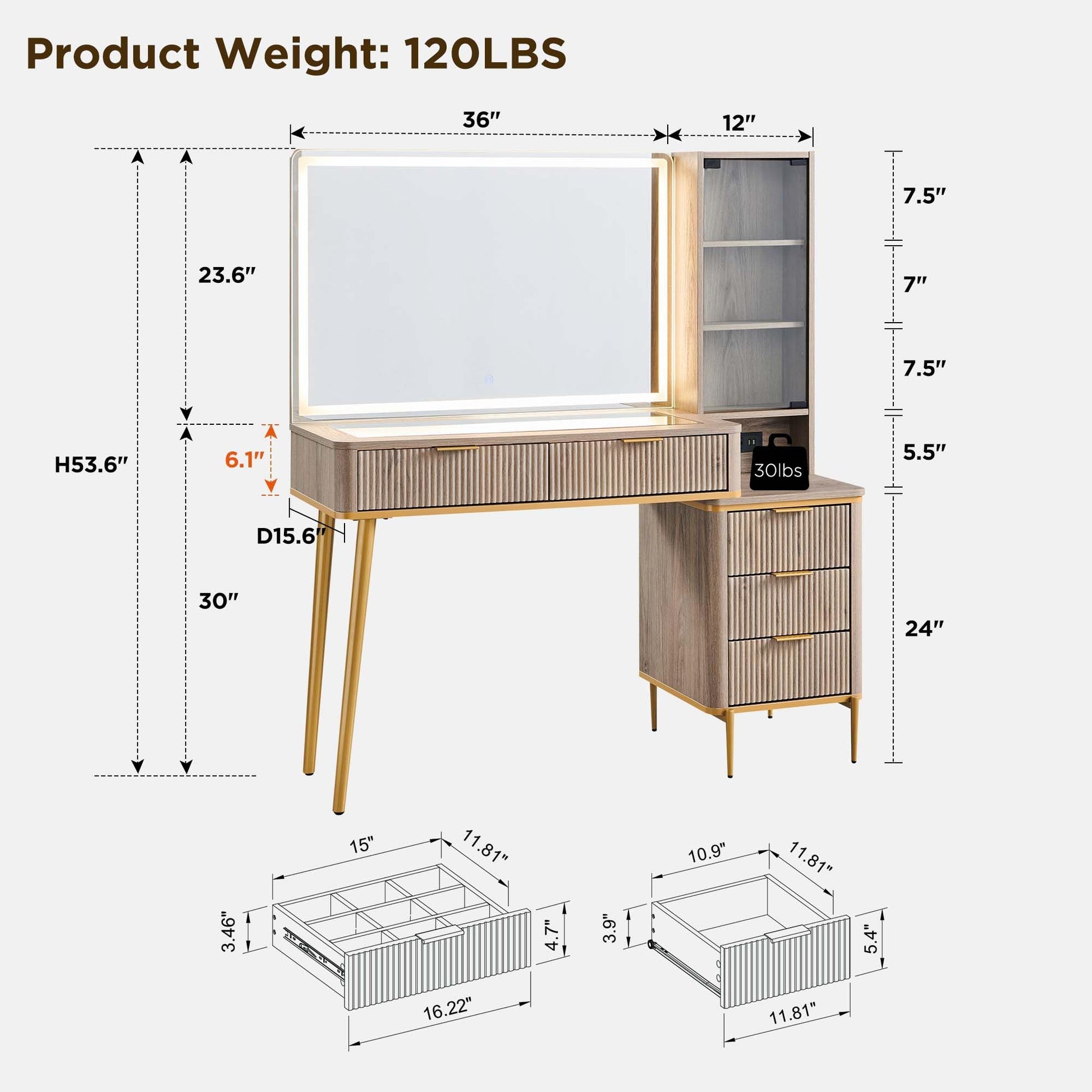 Cosmetic organizer with embedded tempered glass tabletop displaying various items.