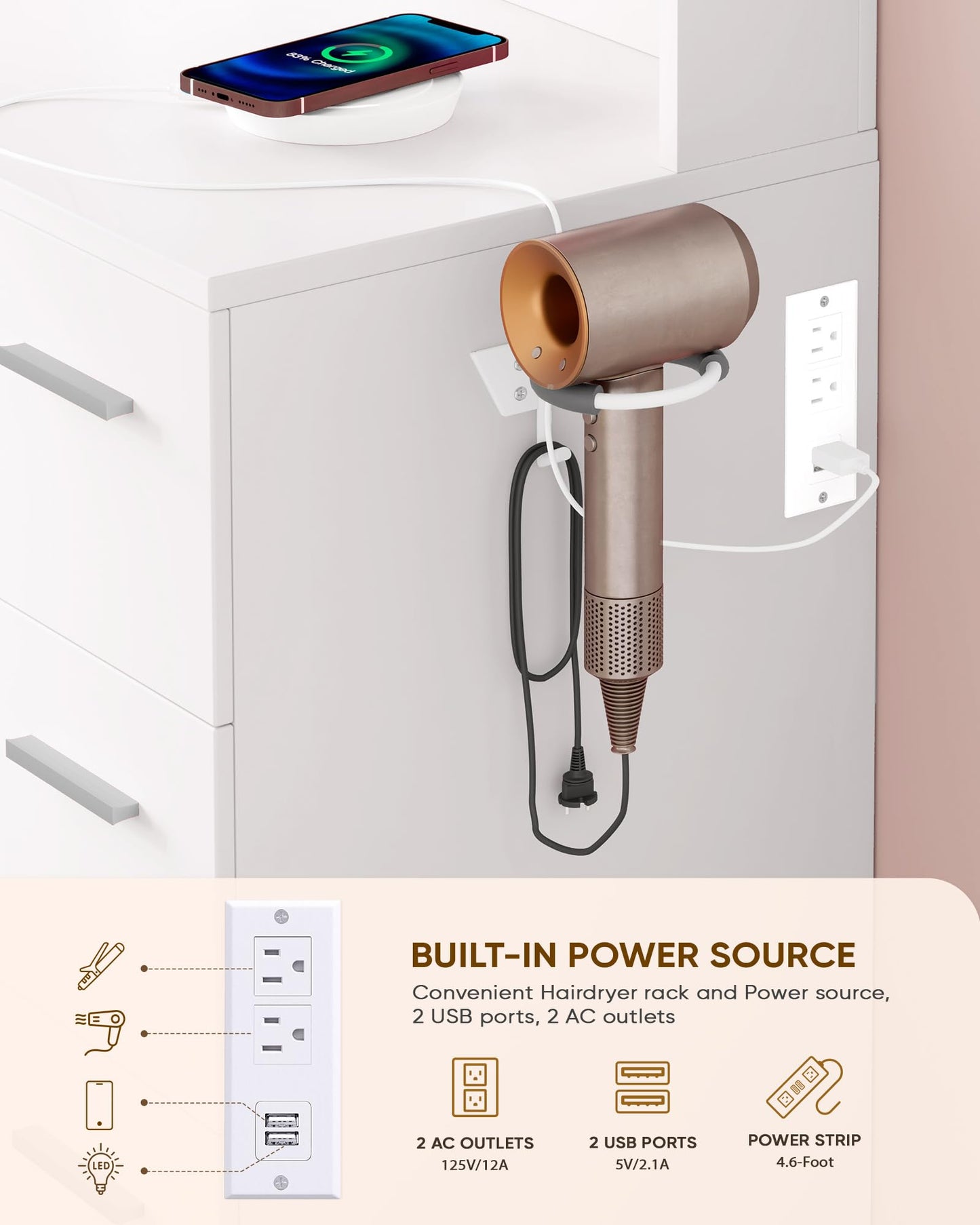 Hair dryer mounted on a wall with a power source and charging station.