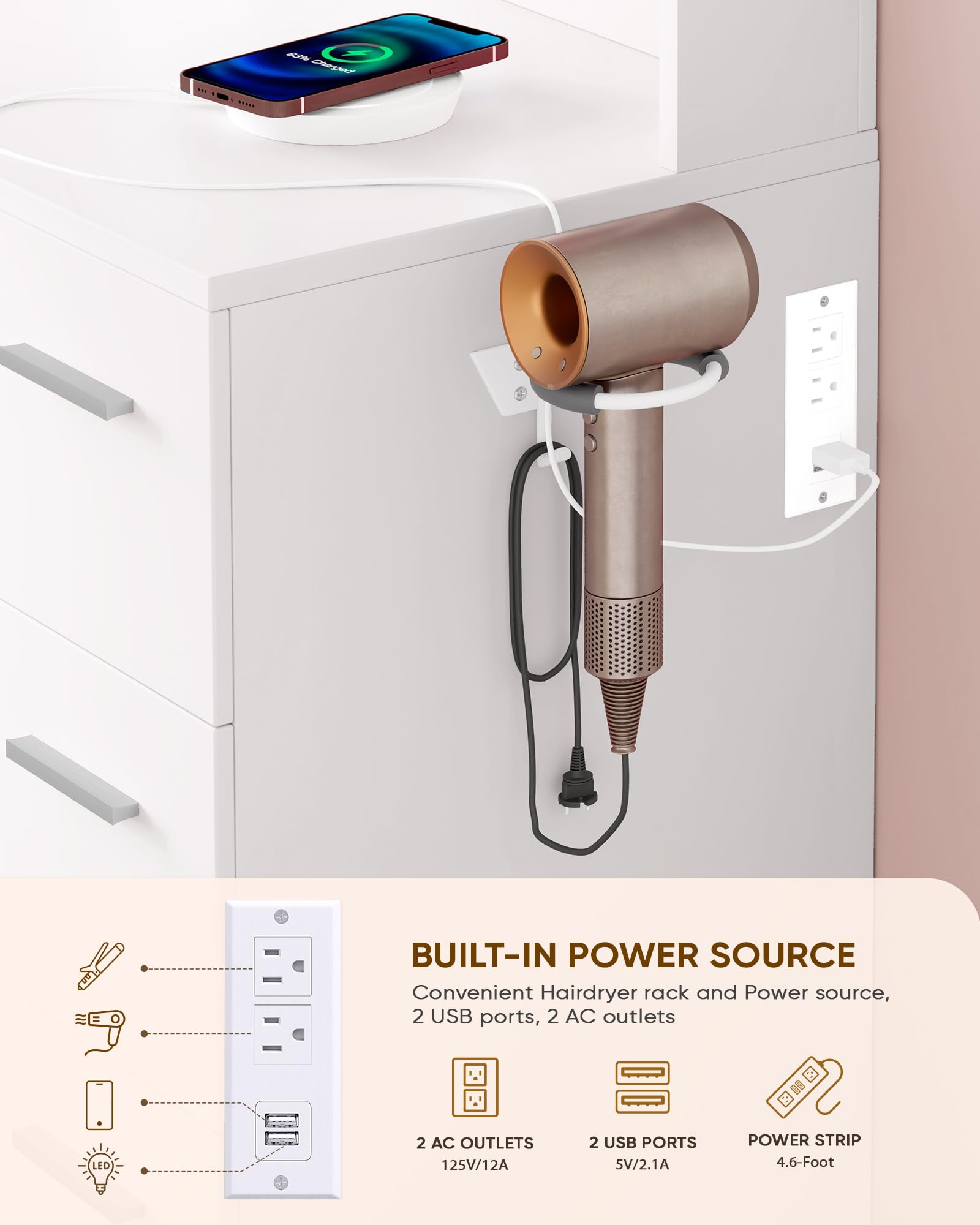 Hair dryer mounted on a wall with a smartphone above, featuring built-in power source and connectivity options.