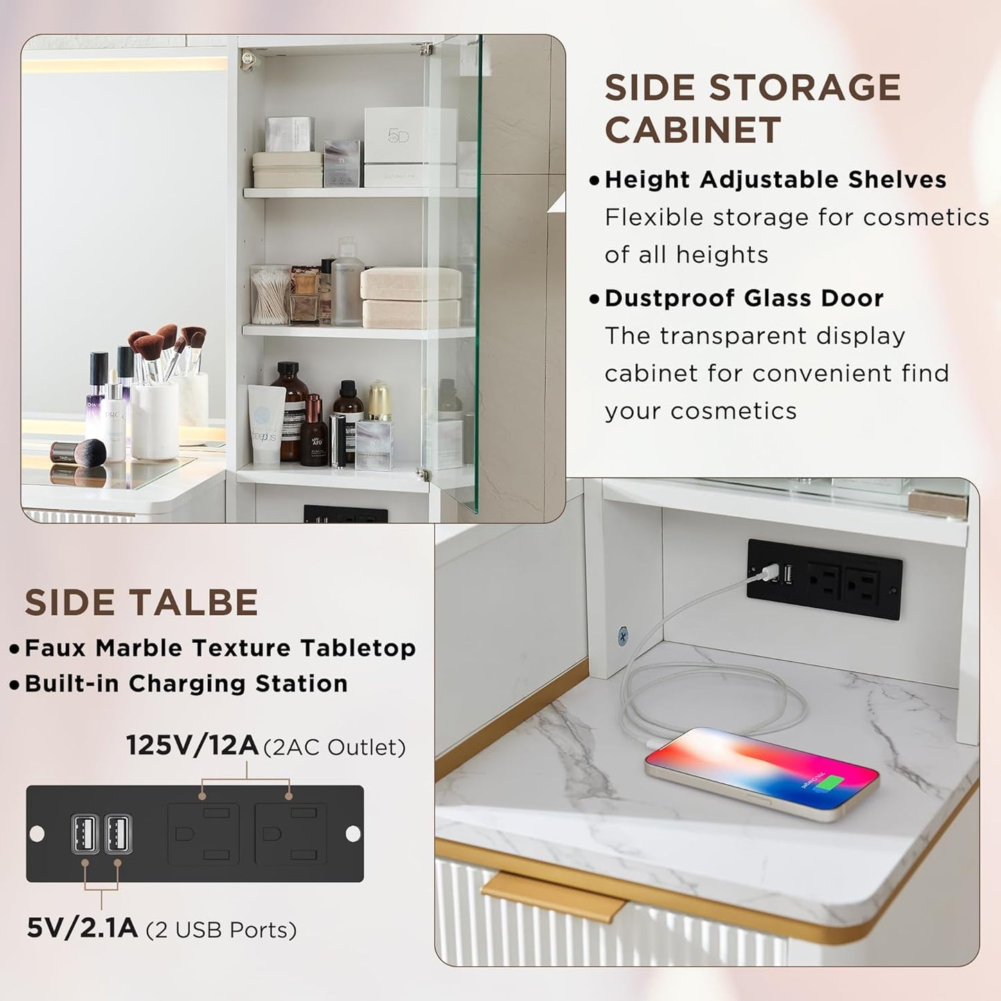 Side storage cabinet with adjustable shelves and a marble-textured table top, featuring a built-in charging station.
