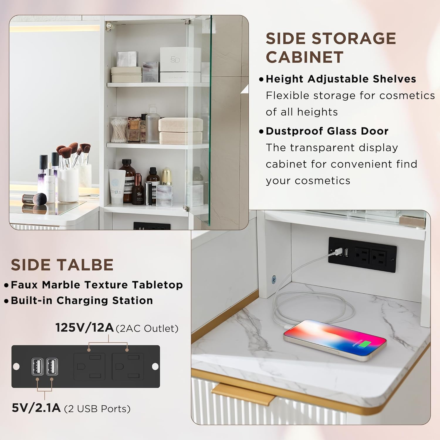 Side storage cabinet with adjustable shelves and a marble-textured table top, featuring a built-in charging station.