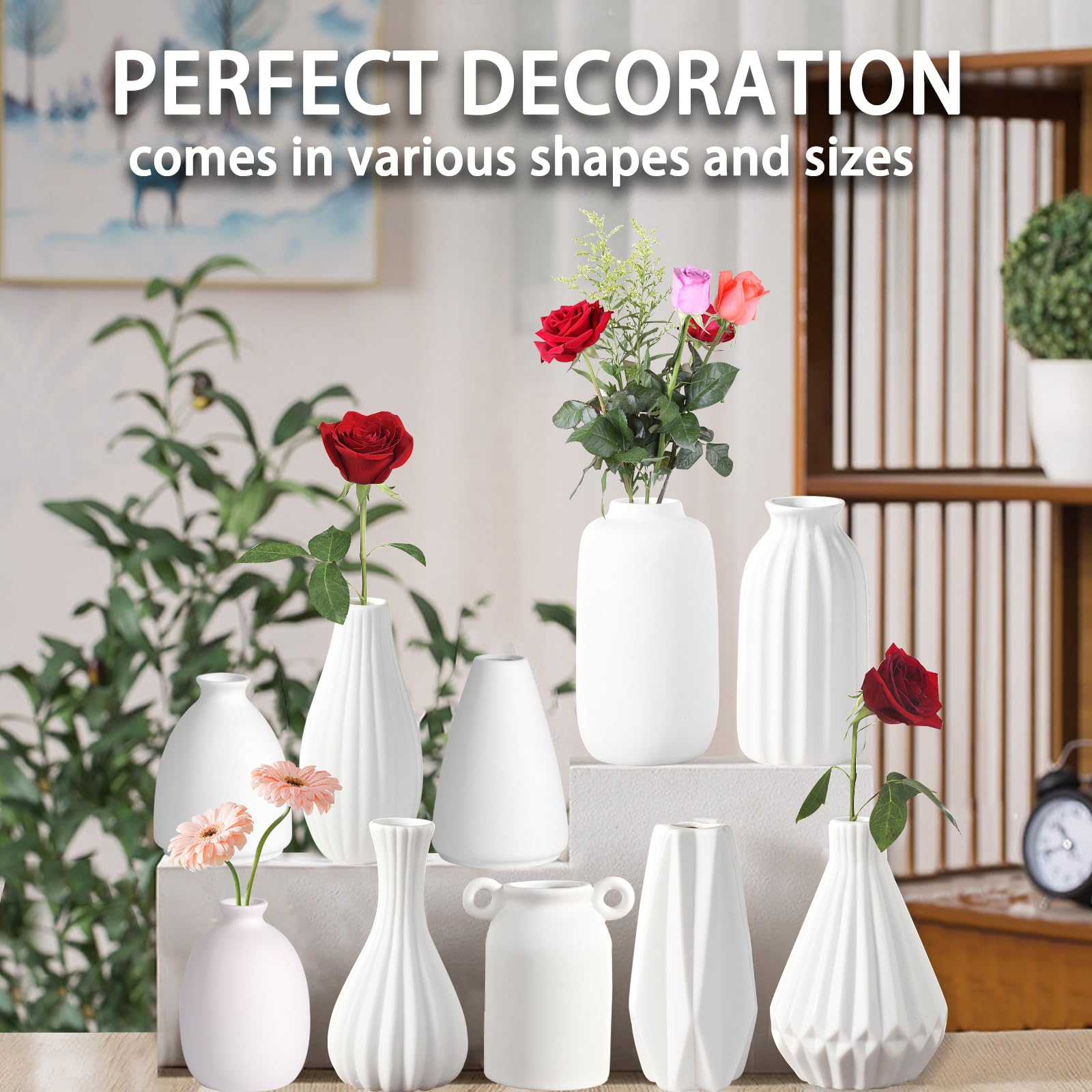 Collection of white vases with flowers on a table, with text 'Perfect decoration comes in various shapes and sizes'.