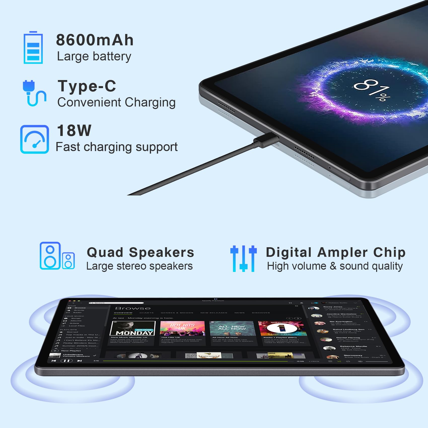 2024 Latest Tablet 11 inch Android 13 Tablets 16GB+256GB+1TB Expand, Octa-Core, 2K 2000 x 1200 Display, 13MP Triple Camera, 8600mAh, Quad Speakers, 5G/2.4G WiFi,GPS,Bluetooth 5.0, with Case -Grey