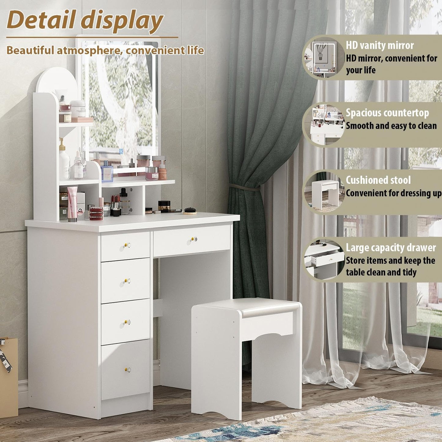 White vanity desk with mirror and stool in a room with curtains and decor.