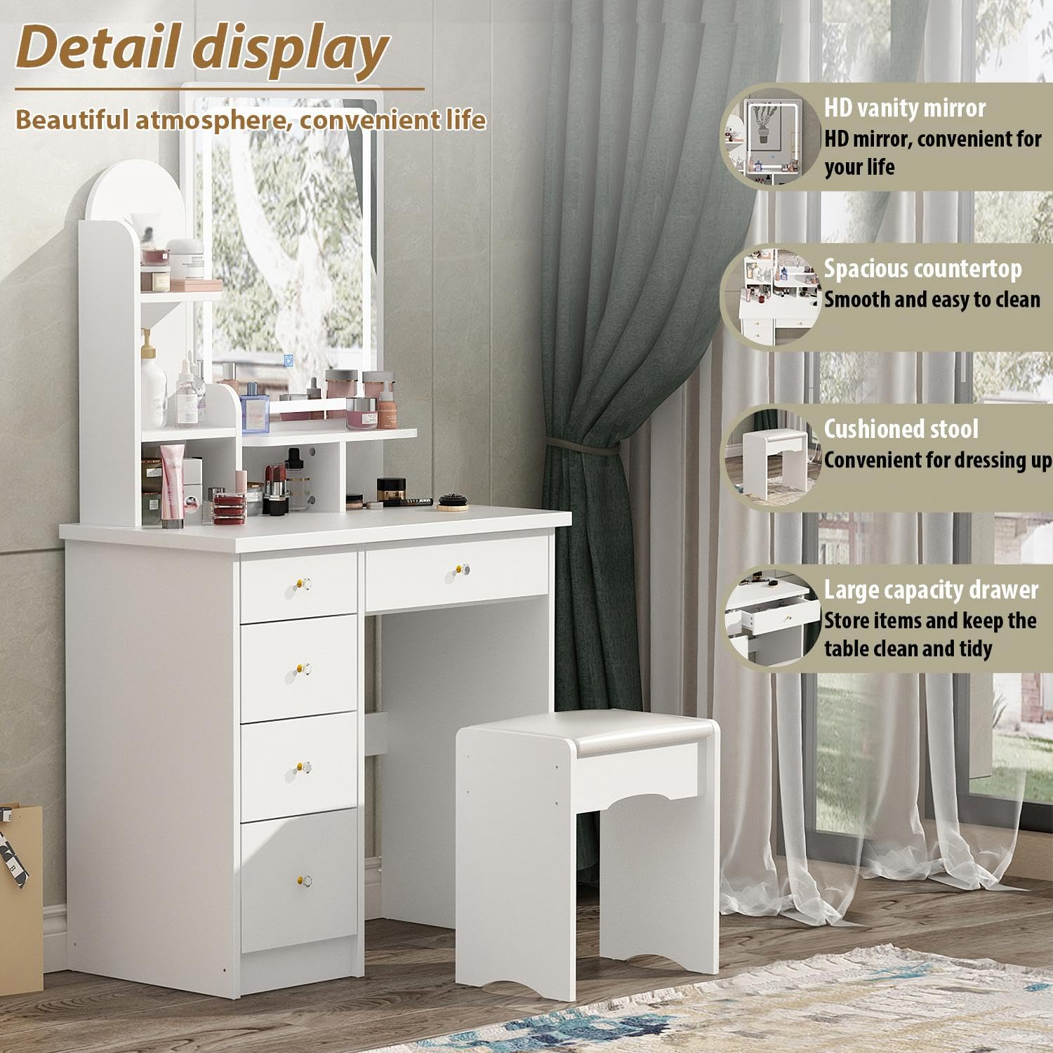 White vanity desk with mirror and stool in a room with curtains and decor.