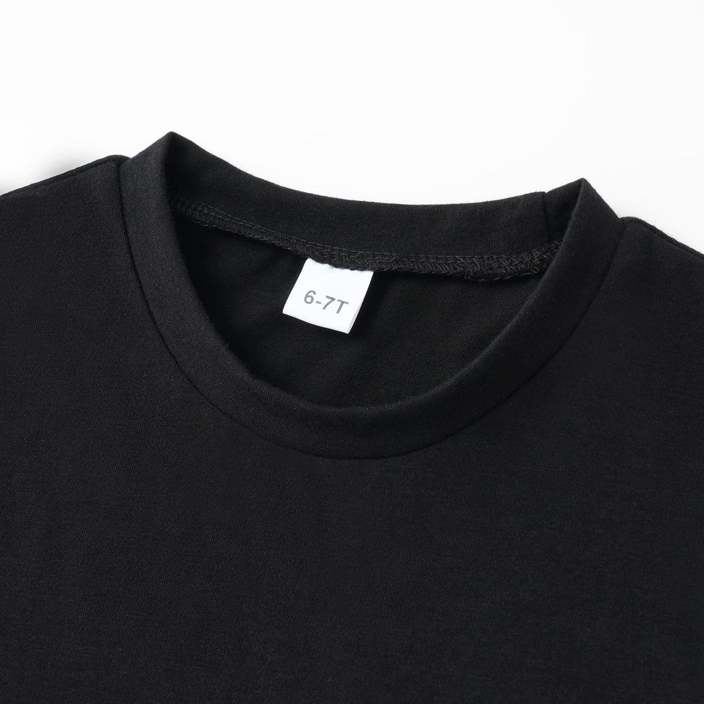 Black t-shirt collar with a size tag on a white background