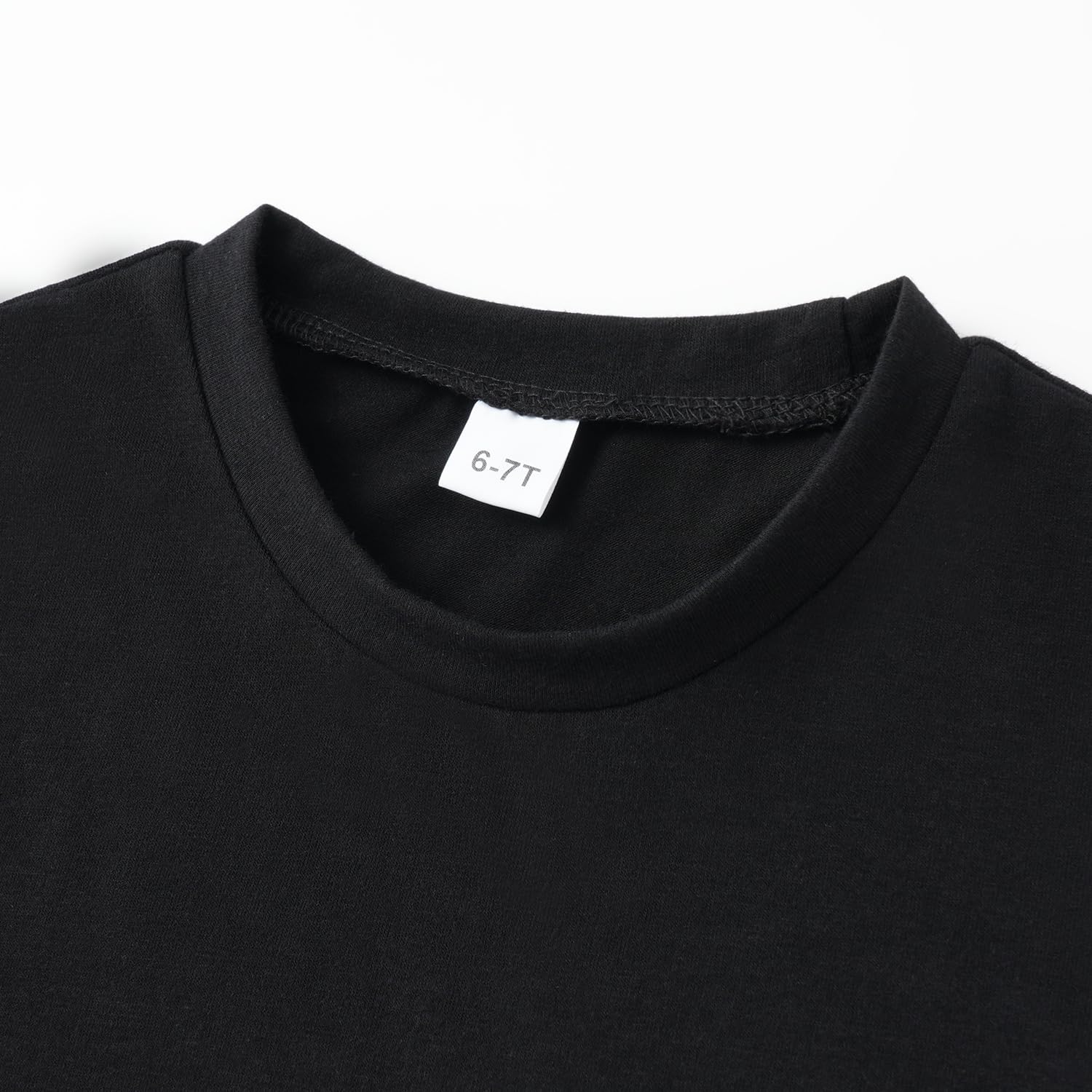Black t-shirt collar with a size tag on a white background
