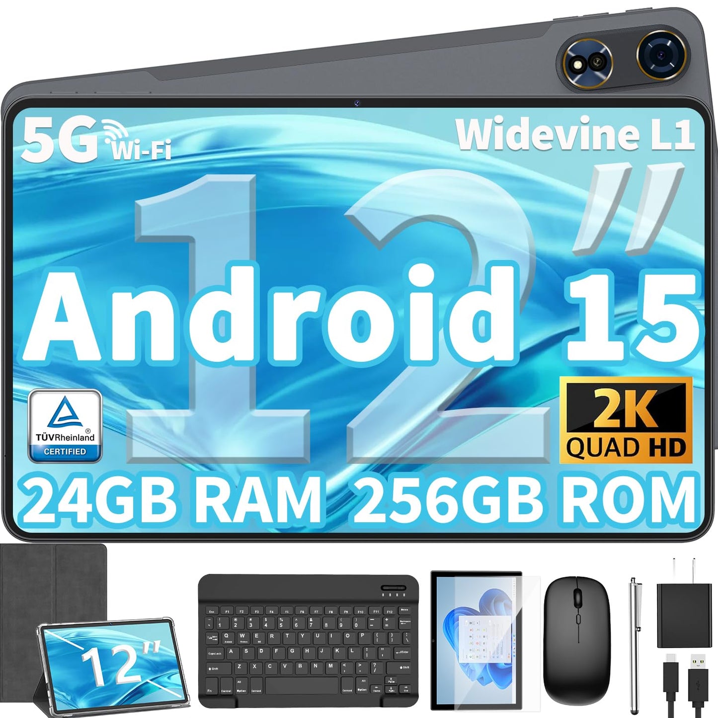 12 Inch Tablet Android 15 Tablets, 2025 Upgraded Android Tablet with Keyboard, 24GB RAM+256GB ROM(1TB Expand).