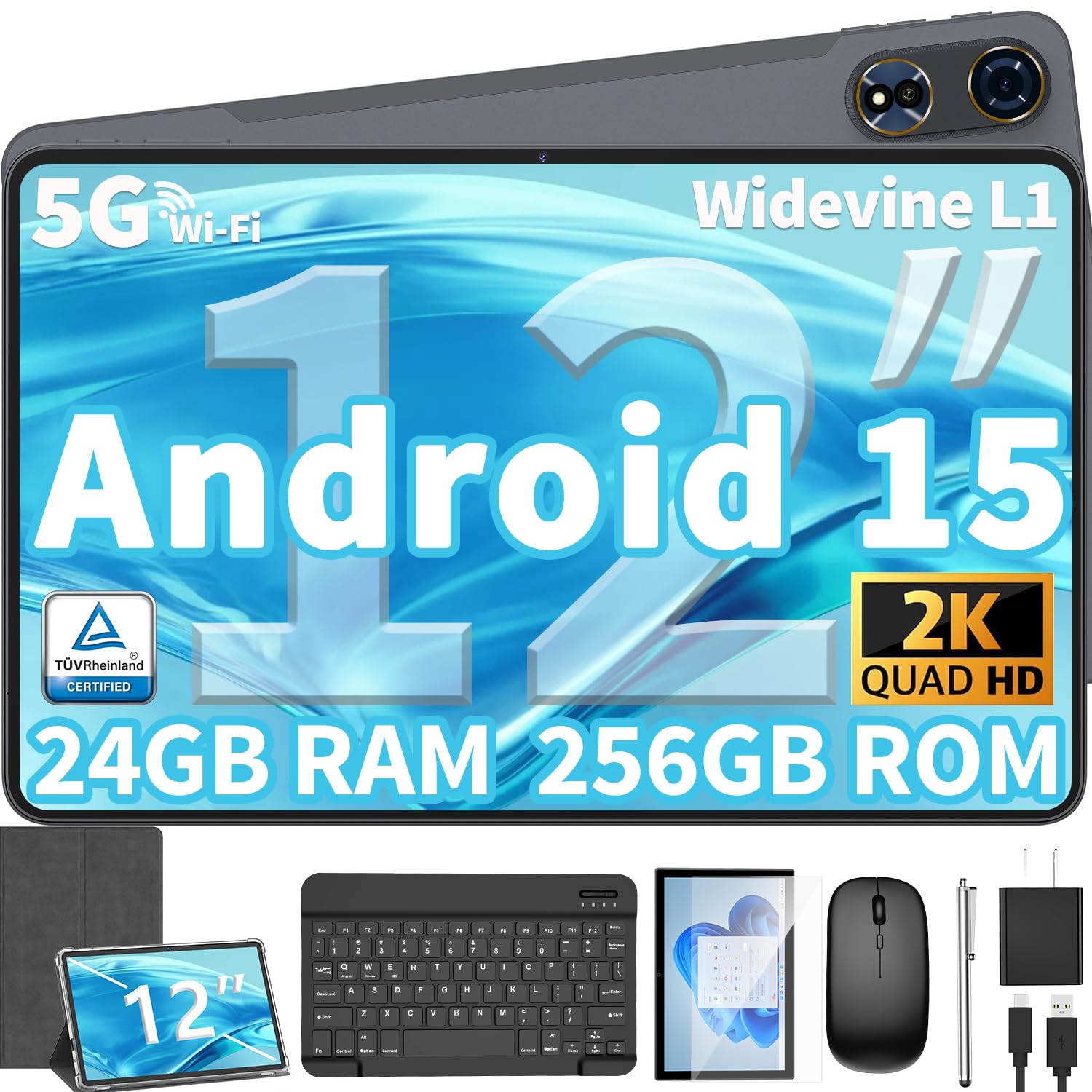 12 Inch Tablet Android 15 Tablets, 2025 Upgraded Android Tablet with Keyboard, 24GB RAM+256GB ROM(1TB Expand).