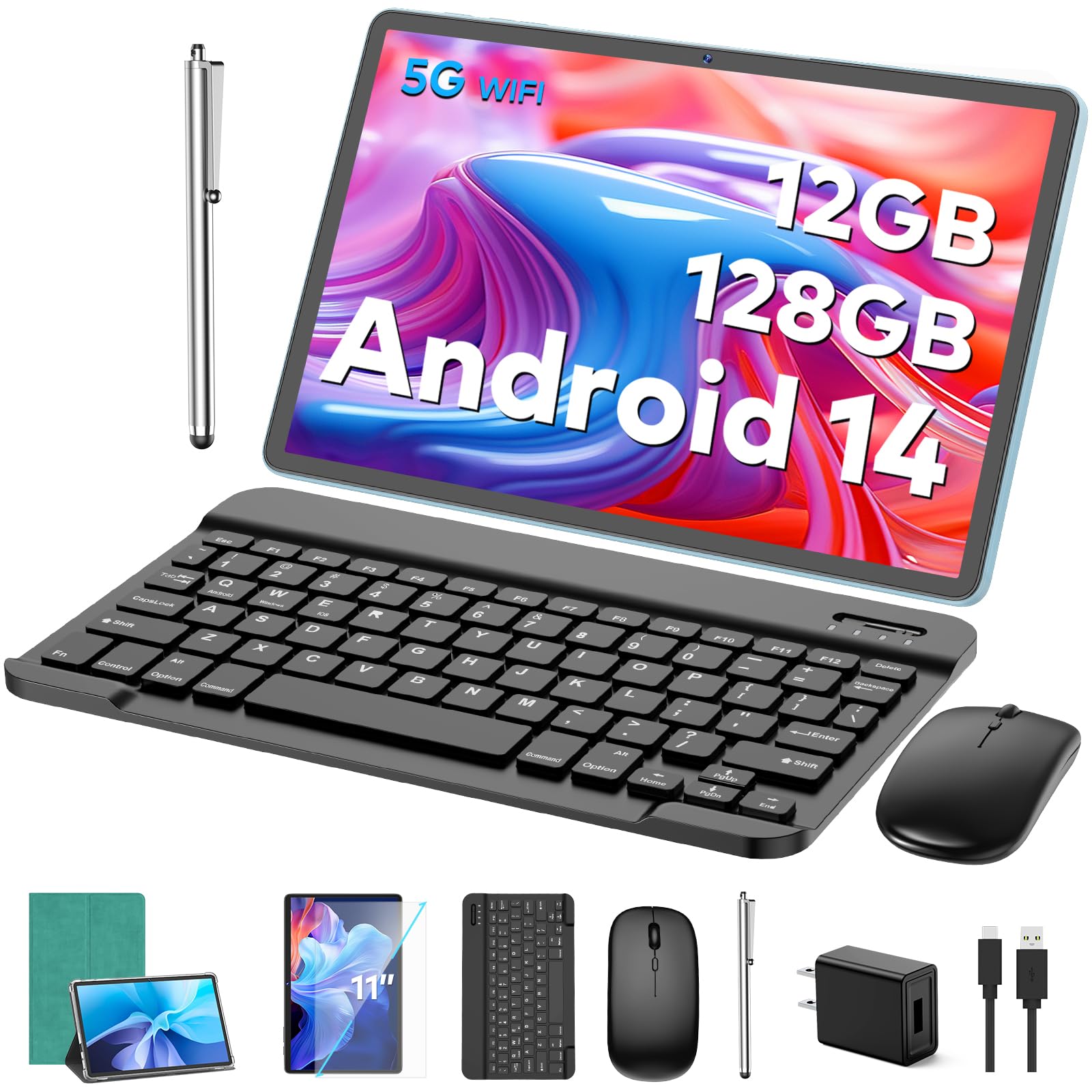 Android Tablet, 11 inch Android 15 Tablet with Keyboard, 24GB+128GB, 1TB Expand, 8000mAh, 5MP+13MP, 2.4G&5G WiFi, IPS Touch Screen, GMS Certified, 2 in 1 Tablets with Case, Mouse, Stylus(Black)