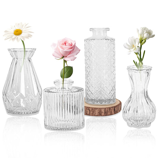 Set of 4 Glass Bud Vase Set, Small Vintage Clear Flower Vase.