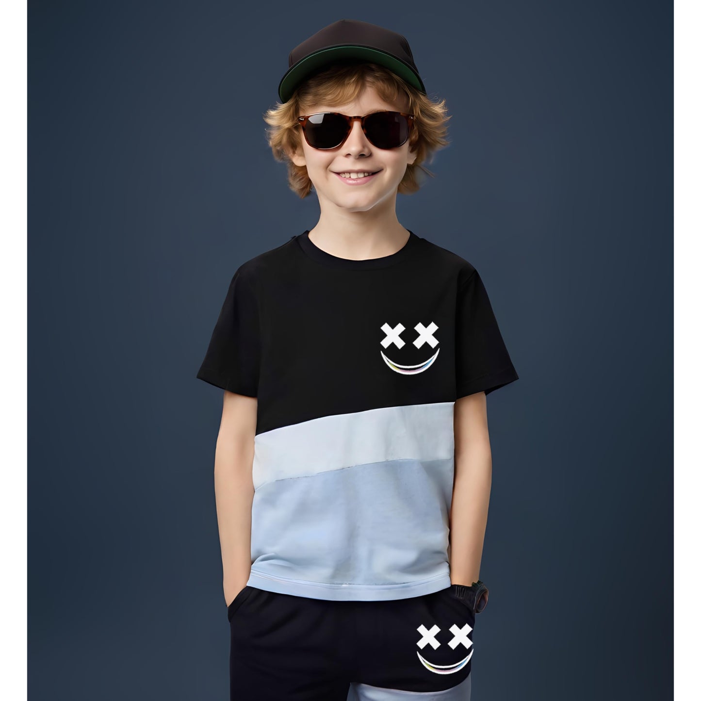 Child wearing a black and light blue t-shirt with a smiley face design on a dark background