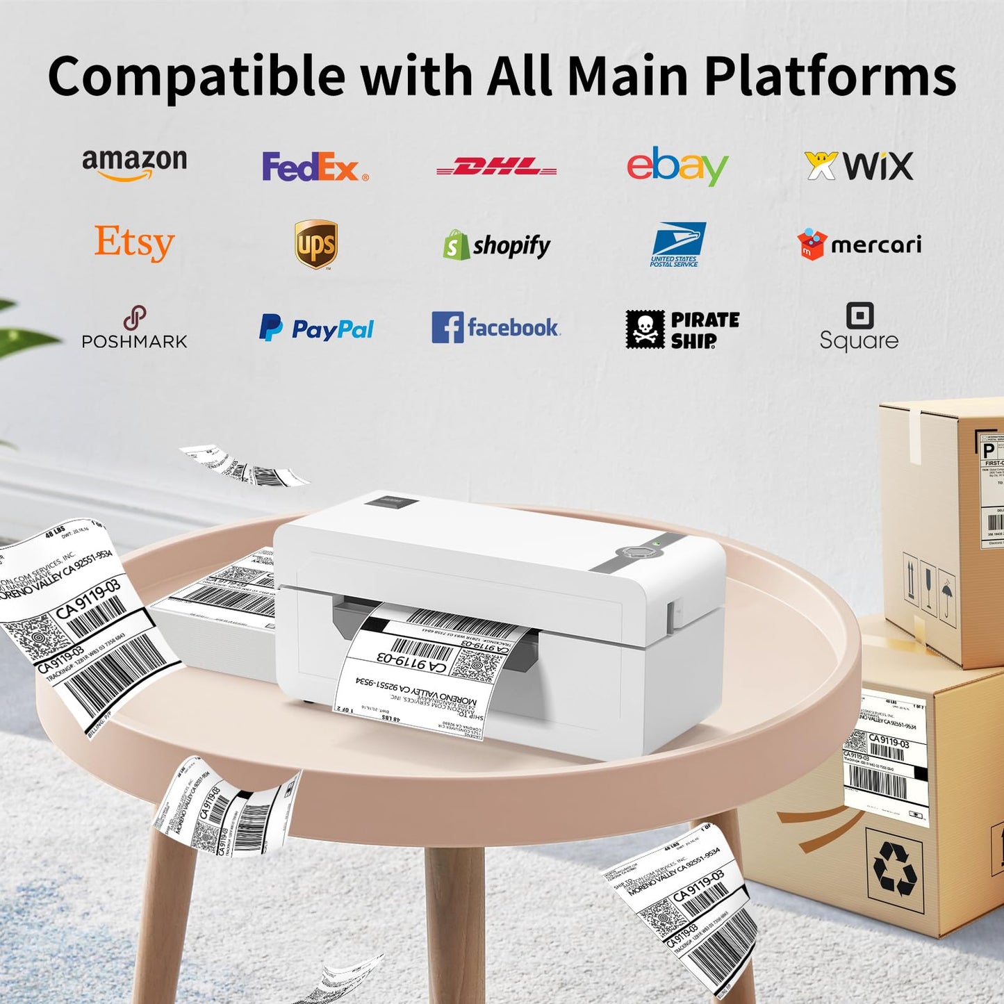 JADENS Bluetooth Thermal Label Printer, 4x6 Wireless Label Printer for Shipping Packages, Support Android, iOS, Mac OS, and Windows, Widely Used for Amazon, Ebay, Shopify, Etsy, USPS