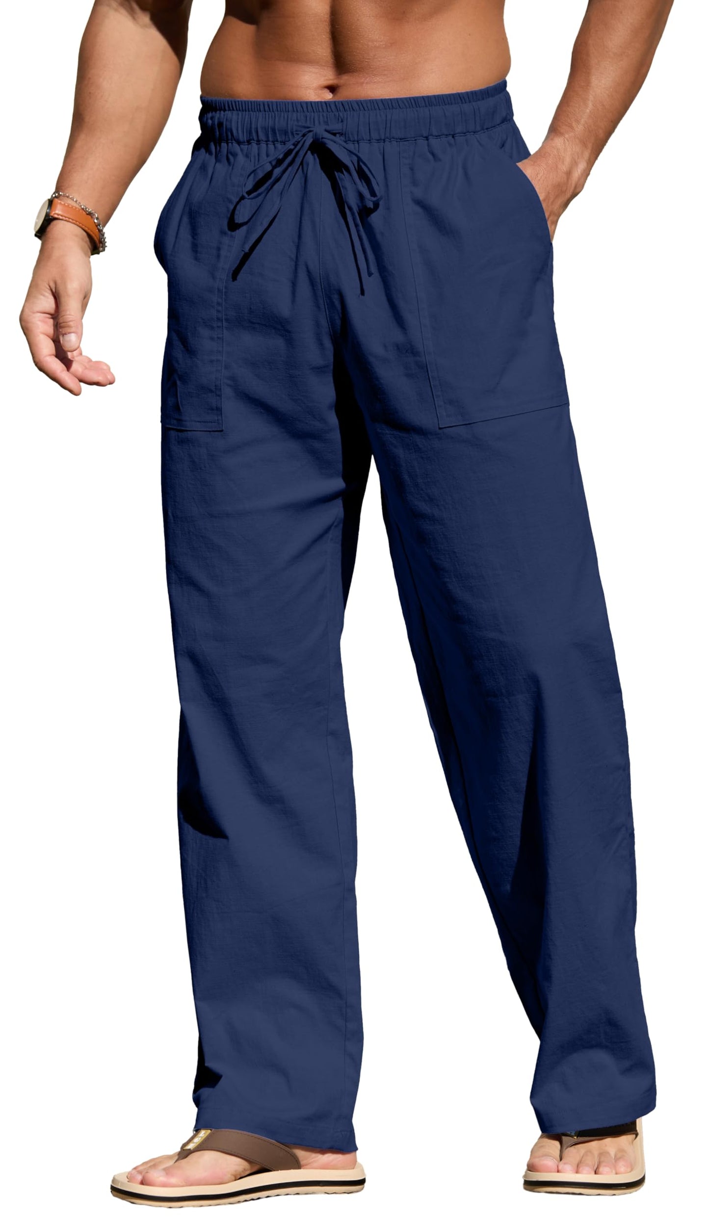 Sailwind Men's Casual Linen Pants Beach Summer Elastic Waist Drawstring Pants Lightweight Linen Trousers White