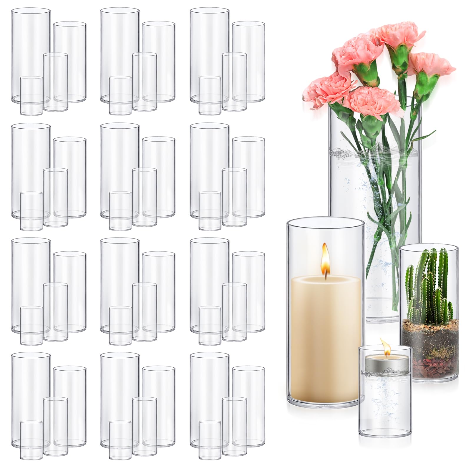 Clear cylindrical vases with a candle and flowers on a white background