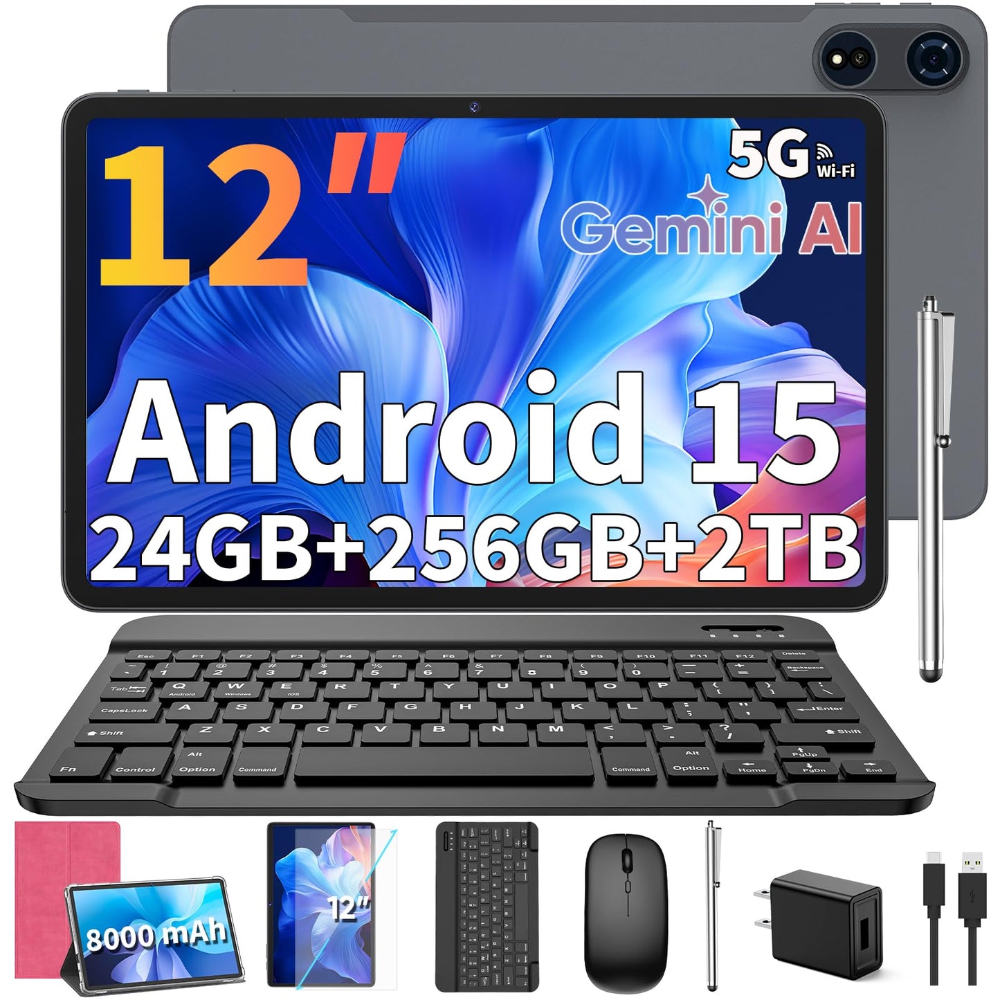 Relndoo 2025 12 Inch Tablet, 24GB（8+16） RAM+256 Storage(Expand to 2TB).