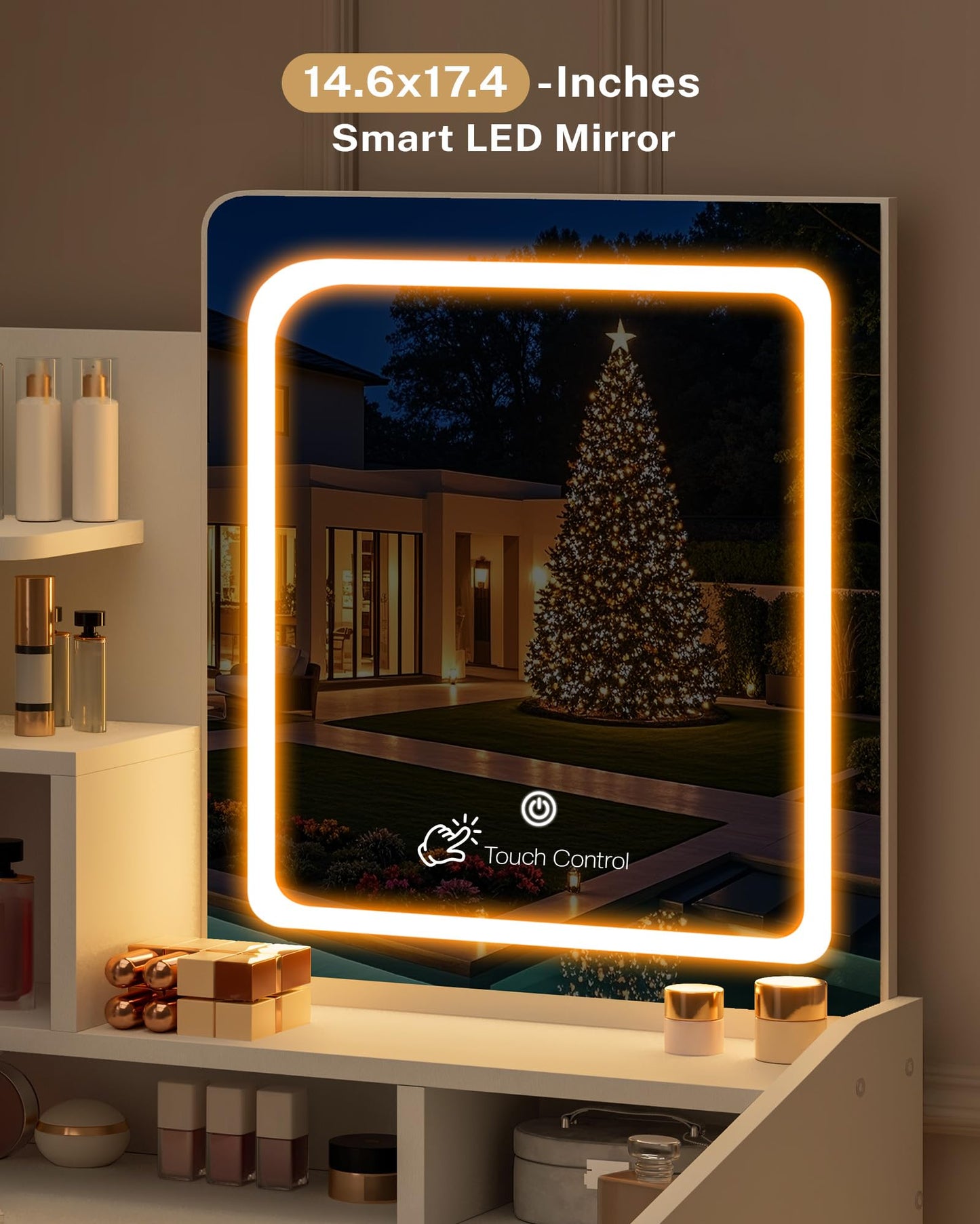 Smart LED mirror with decorative Christmas tree view on a shelf with beauty products.