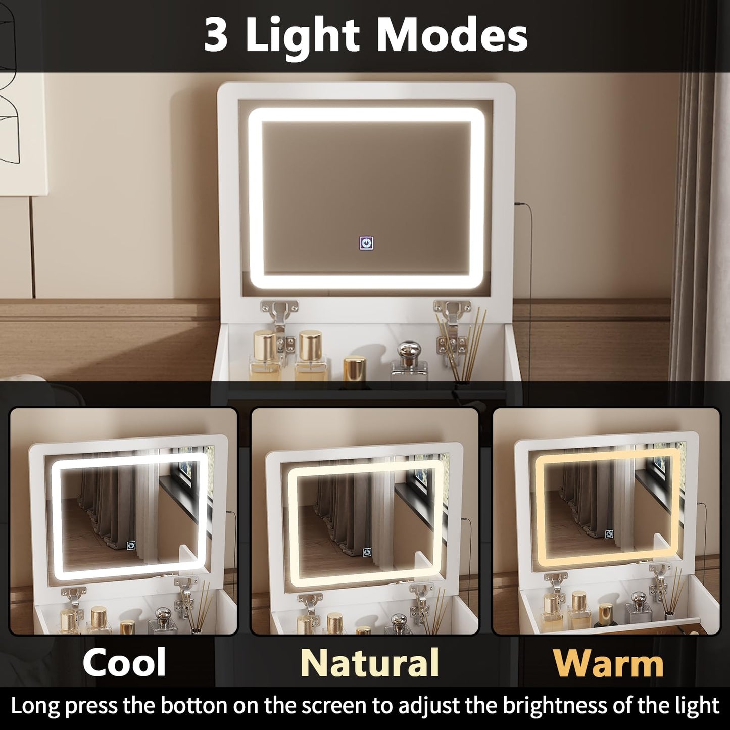 Bathroom vanity with a mirror showing three light modes: Cool, Natural, and Warm.