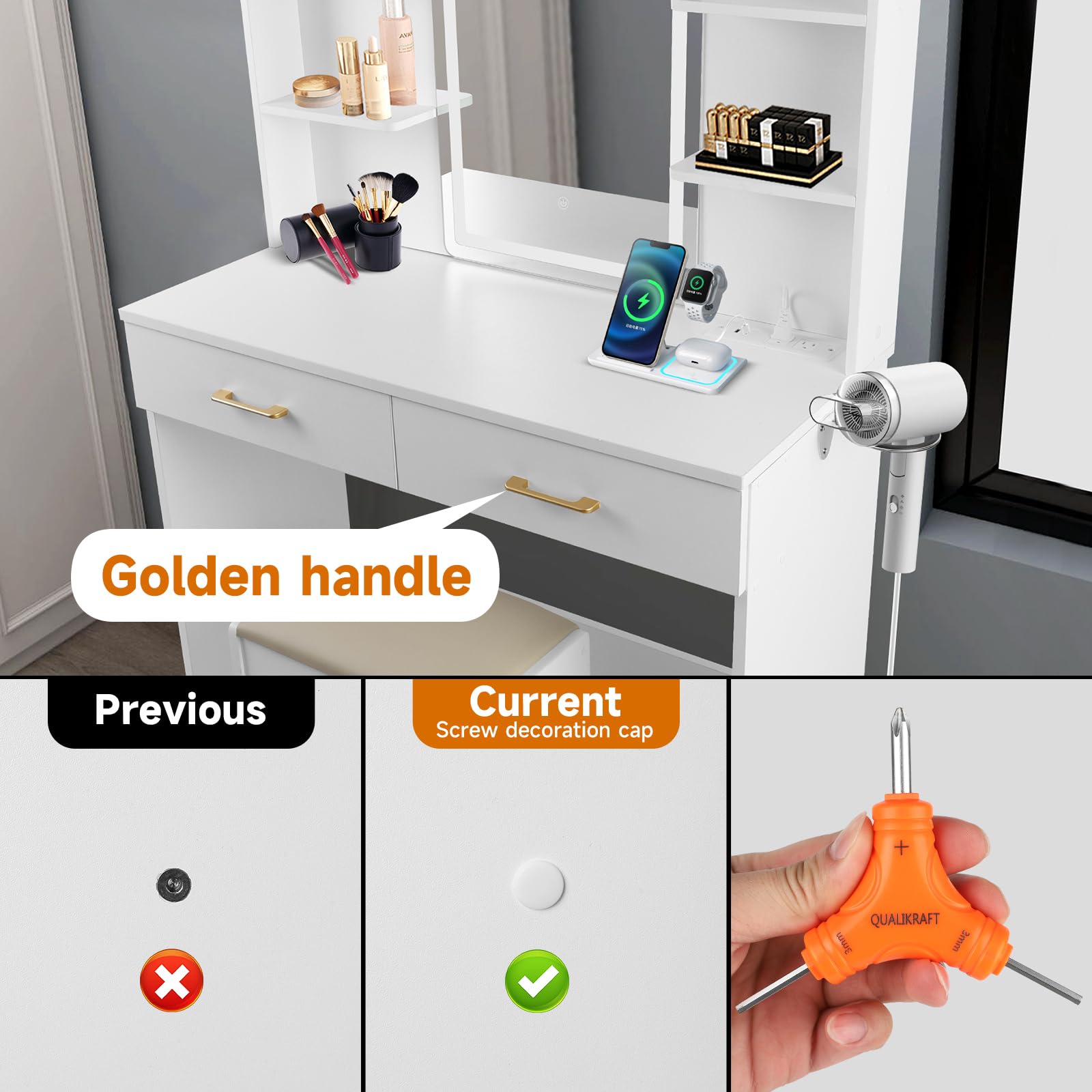 White desk with cosmetic items, phone, and smartwatch, featuring a 'Golden handle' label.