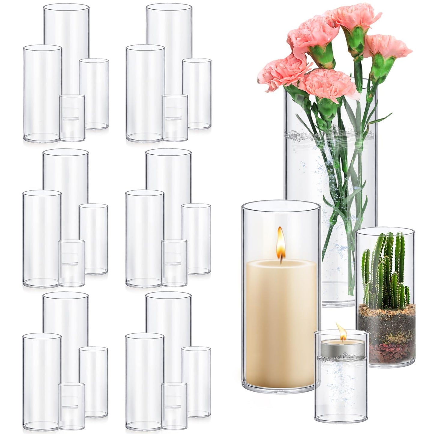 Set of clear glass candle holders and vases with a lit candle and flowers.