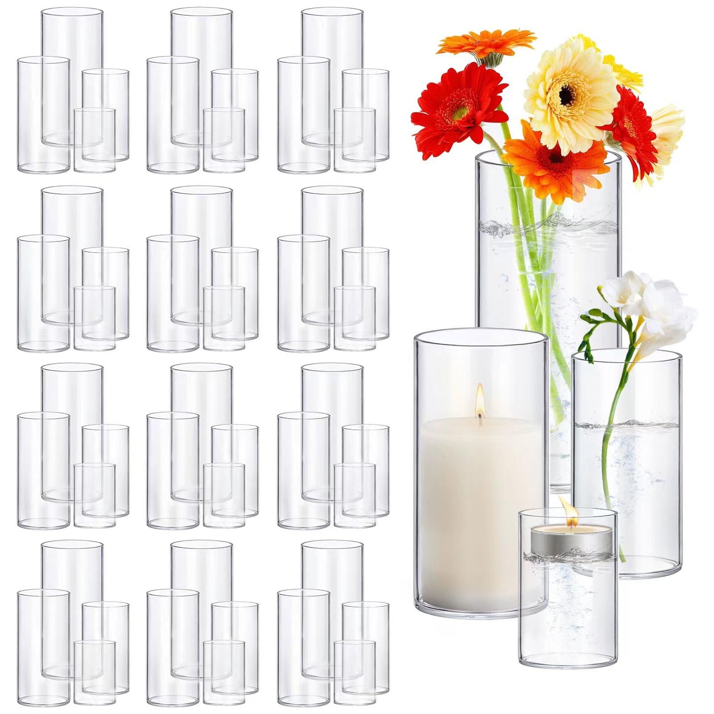 Set of clear cylindrical vases with a candle and flowers on a white background