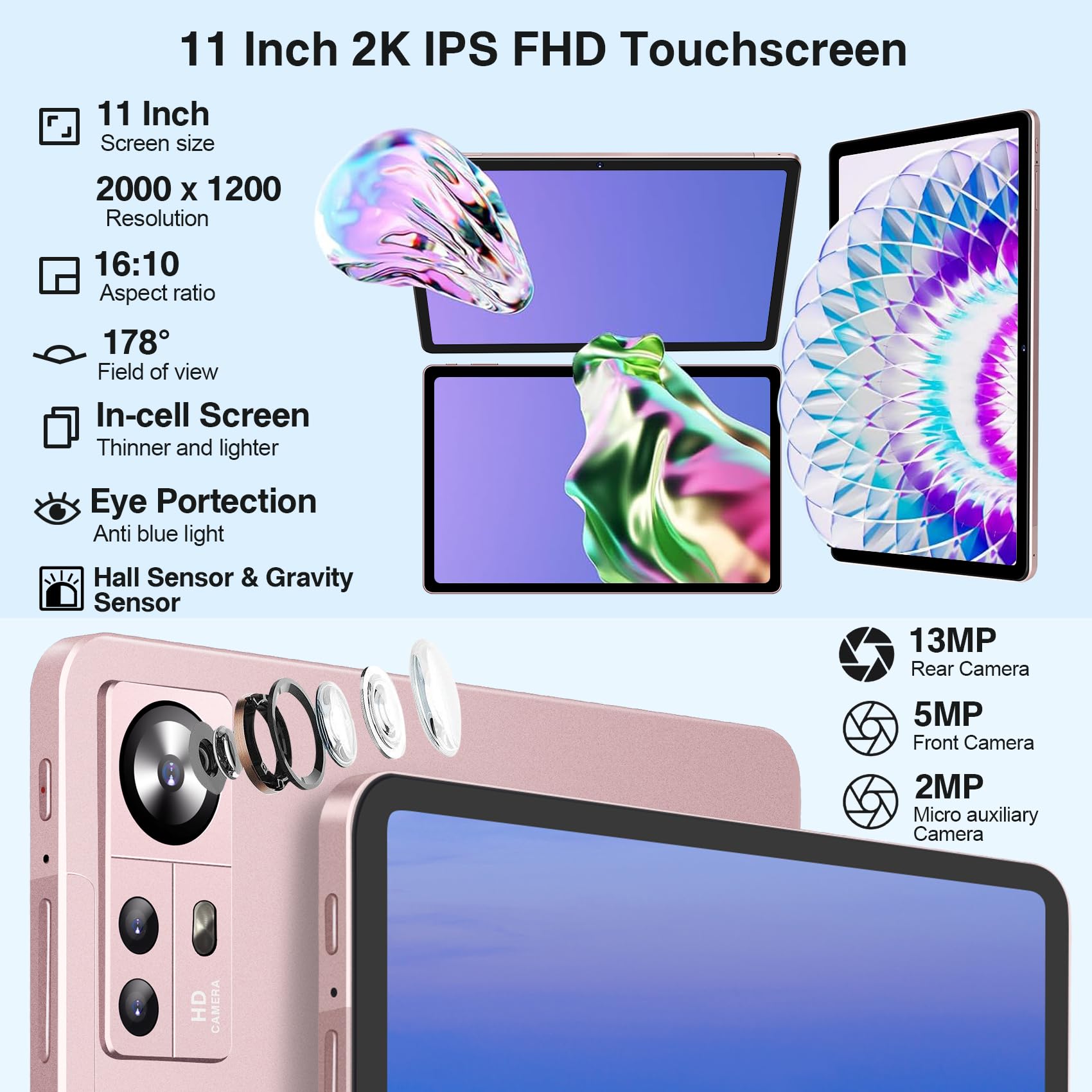 2024 Latest Tablet 11 inch Android 13 Tablets 16GB+256GB+1TB Expand, Octa-Core, 2K 2000 x 1200 Display, 13MP Triple Camera, 8600mAh, Quad Speakers, 5G/2.4G WiFi,GPS,Bluetooth 5.0, with Case -Grey