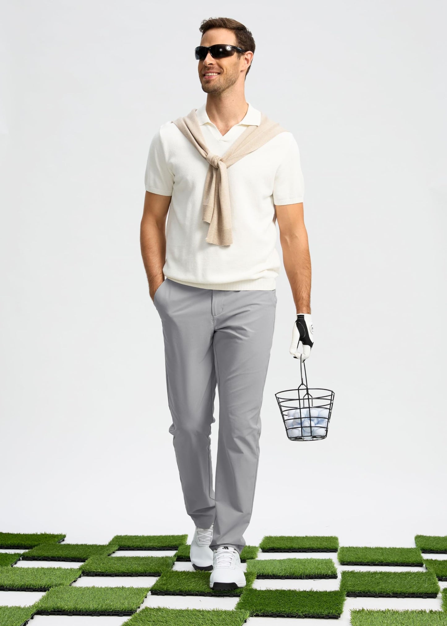 Pudolla Men's Golf Pants Stretch Classic Fit Work Dress Pants 30 Lightweight Quick Dry Casual Slacks Trousers with Pockets(Khaki 34Wx30L)