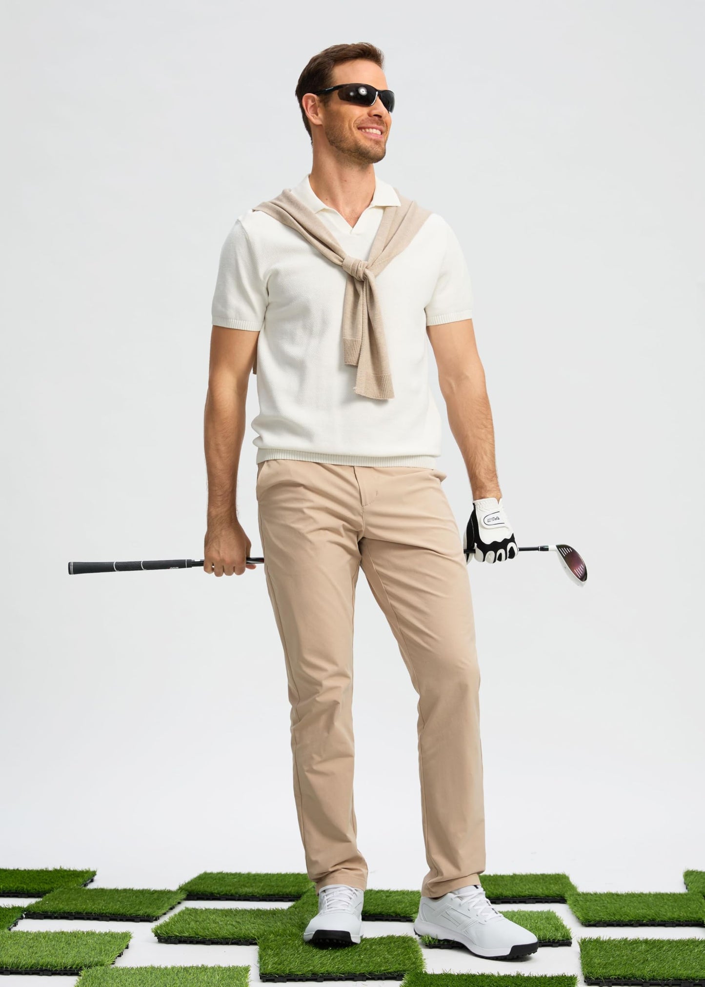 Pudolla Men's Golf Pants Stretch Classic Fit Work Dress Pants 30 Lightweight Quick Dry Casual Slacks Trousers with Pockets(Khaki 34Wx30L)