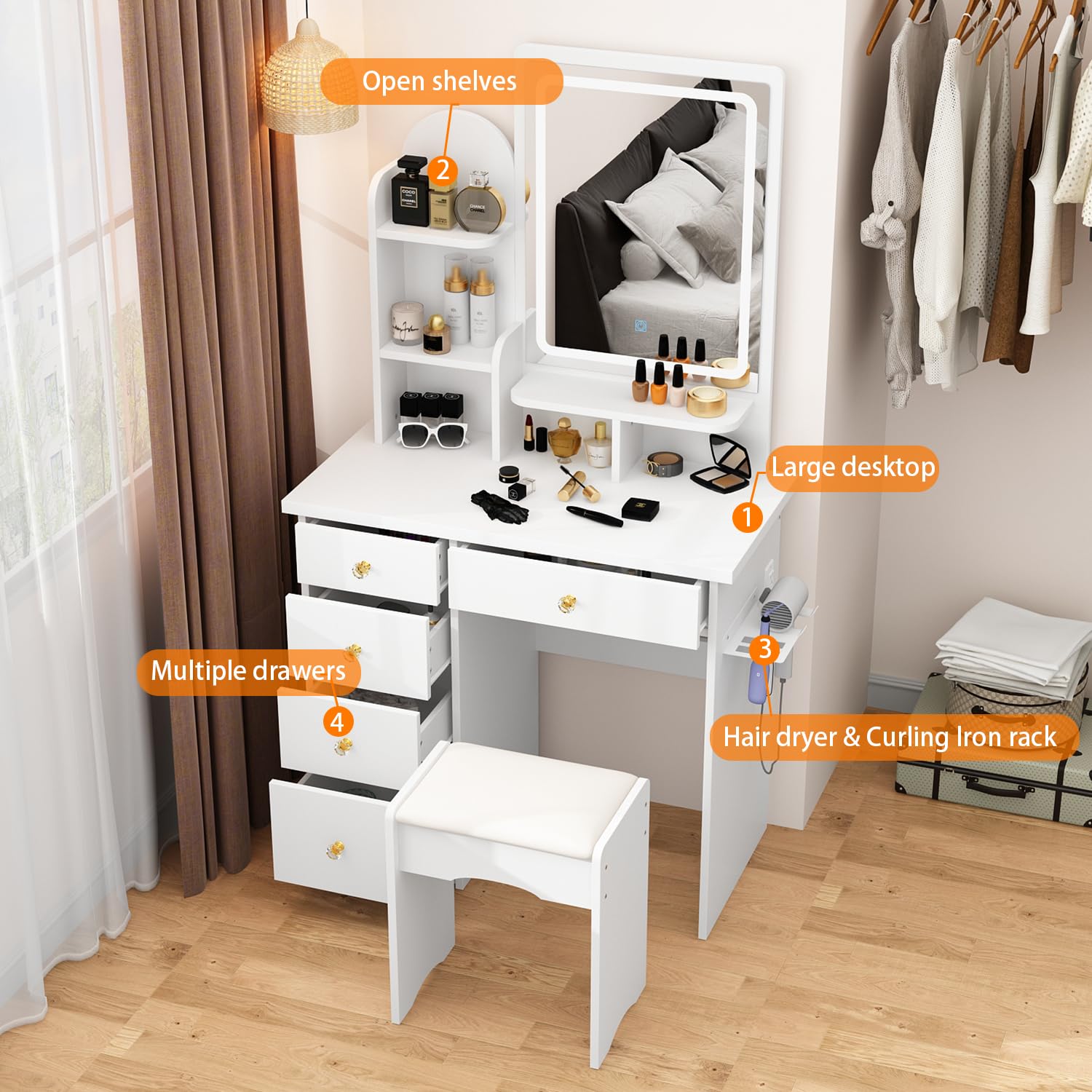 White vanity table with mirror, drawers, and shelves in a room setting.