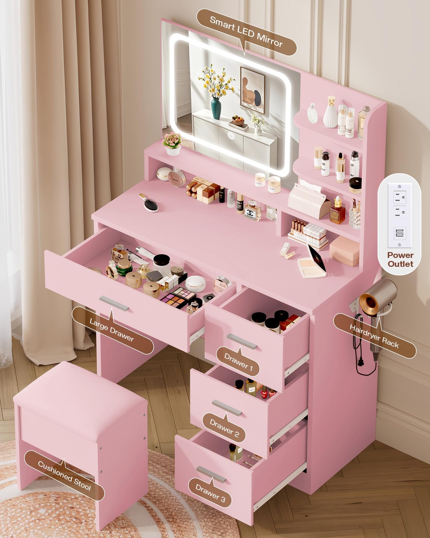Pink vanity table with smart LED mirror and various cosmetic items in a room.