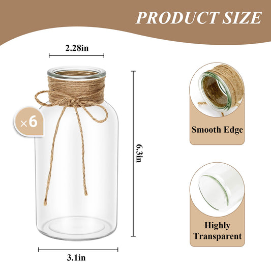 Mason Jars for Centerpiece, 6 Pack Vintage Farmhouse Glass Flower Vase Transparent White Vases Bulk for Weddings, Parties, Christmas & Home Decor