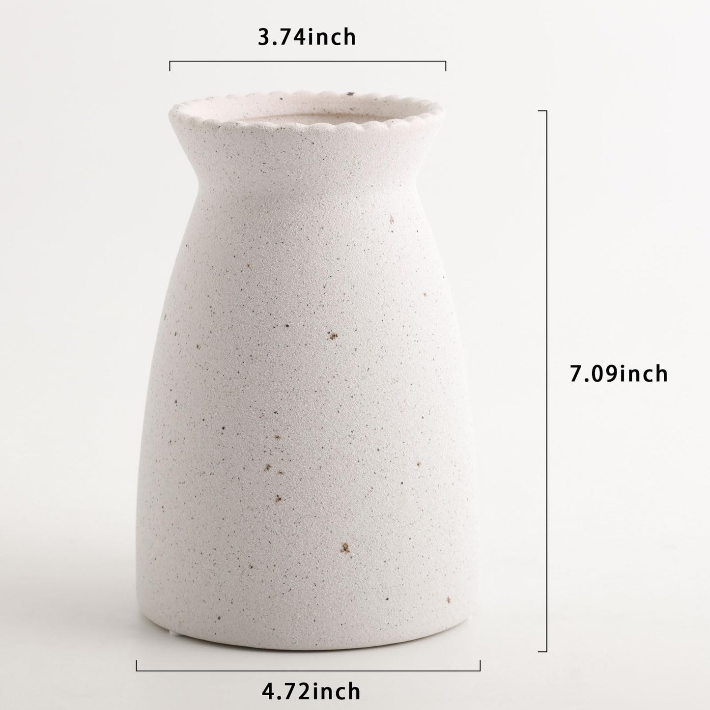 White ceramic vase with measurements on a white background