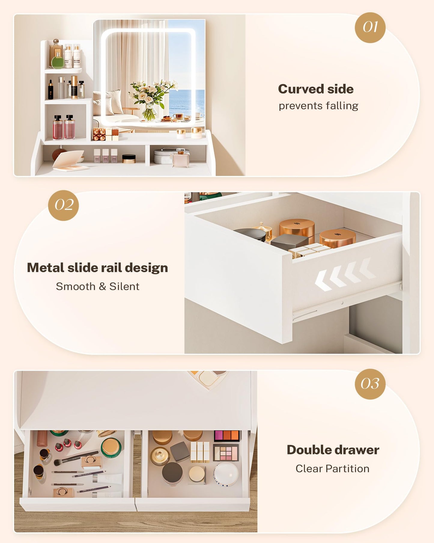 White storage unit with curved side, metal slide rail design, and double drawer with clear partition.