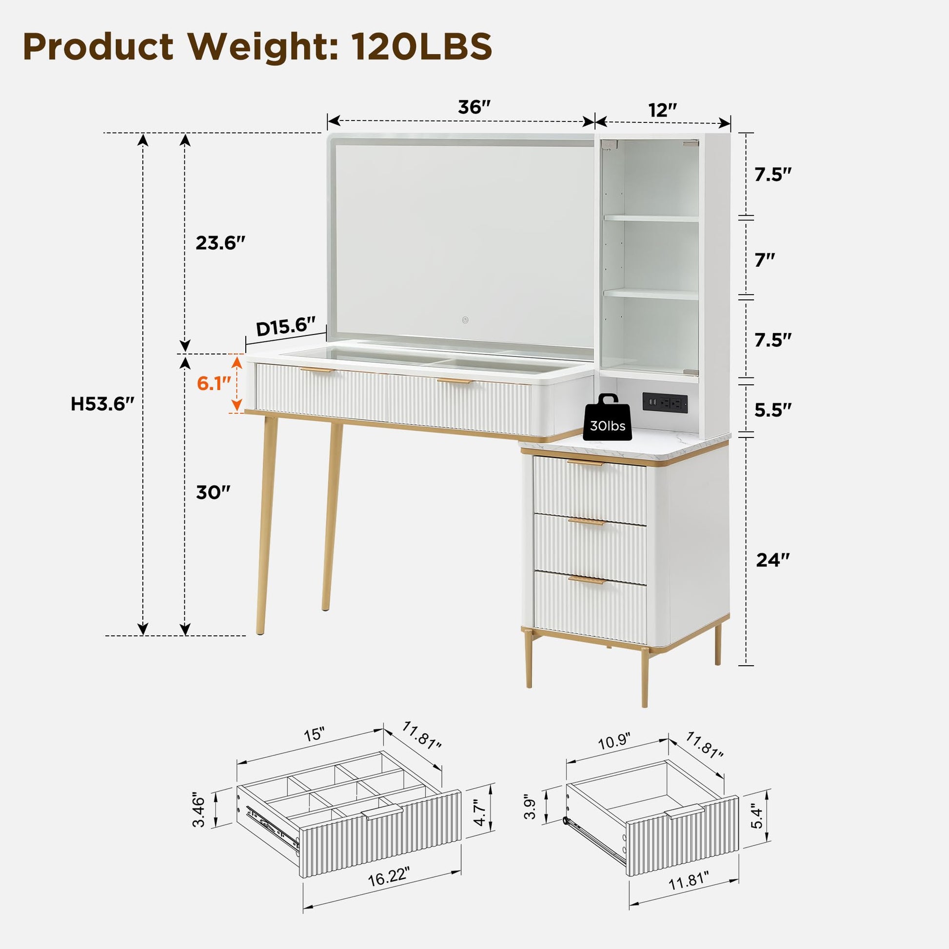 Measurement chart of a white desk with dimensions and product weight on a white background