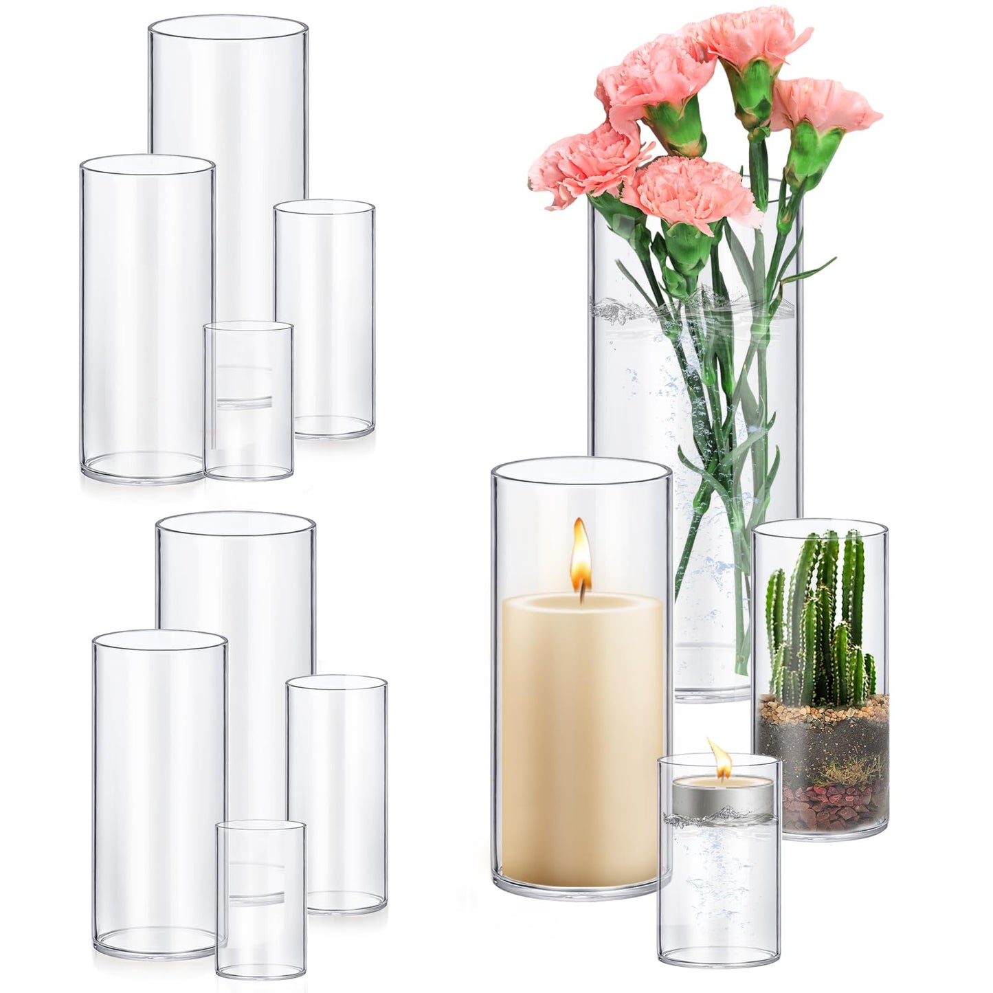 Set of clear glass vases with candles and flowers on a white background