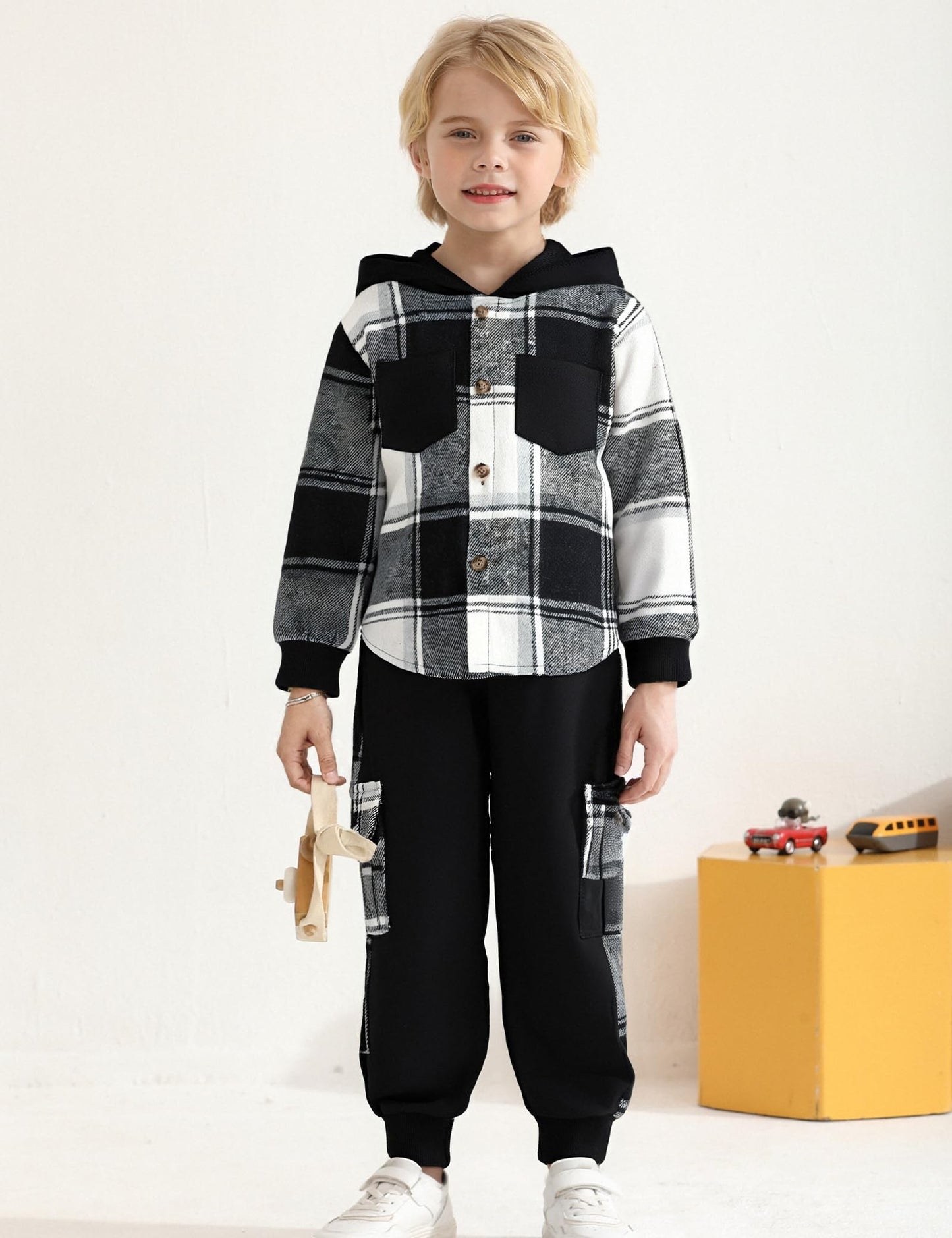 Auiopila Kids Toddler Boy Clothes Plaid Hooded Shirt White T-shirt Top and Solid Color Pants 3Pcs Winter Boys Outfits