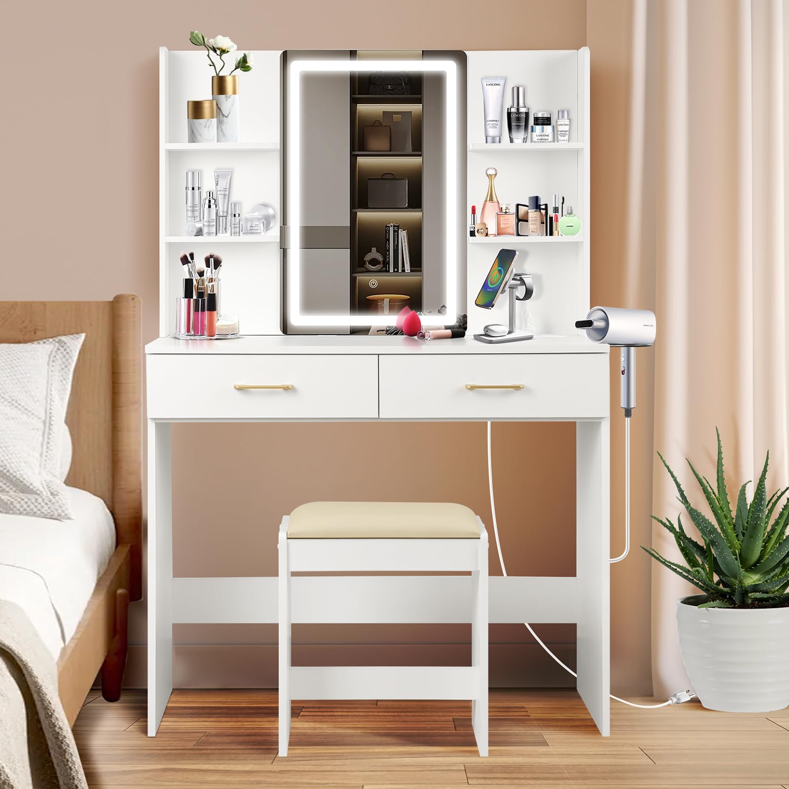White vanity table with mirror, makeup items, and a stool in a bedroom setting.
