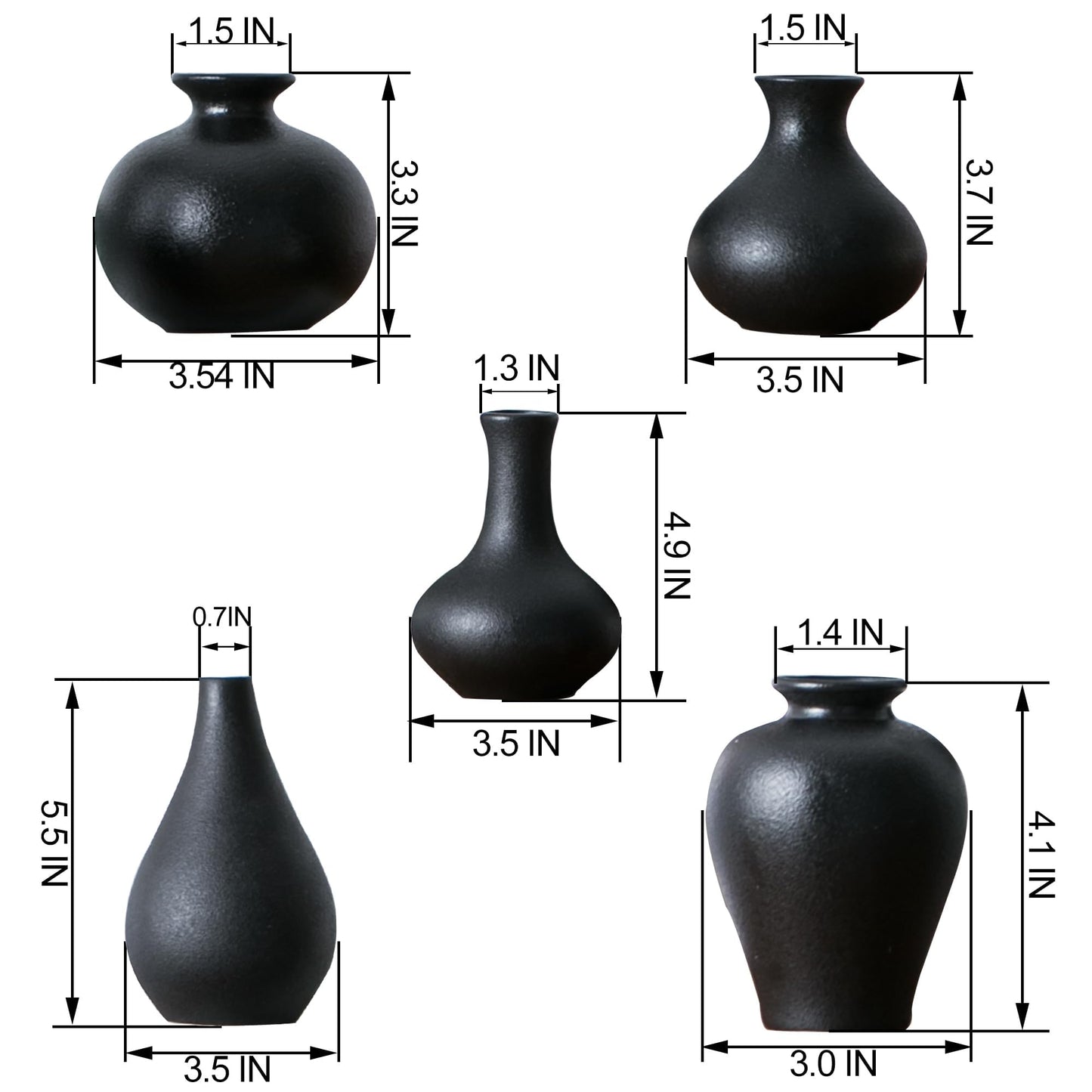 Black vases with measurements on a white background