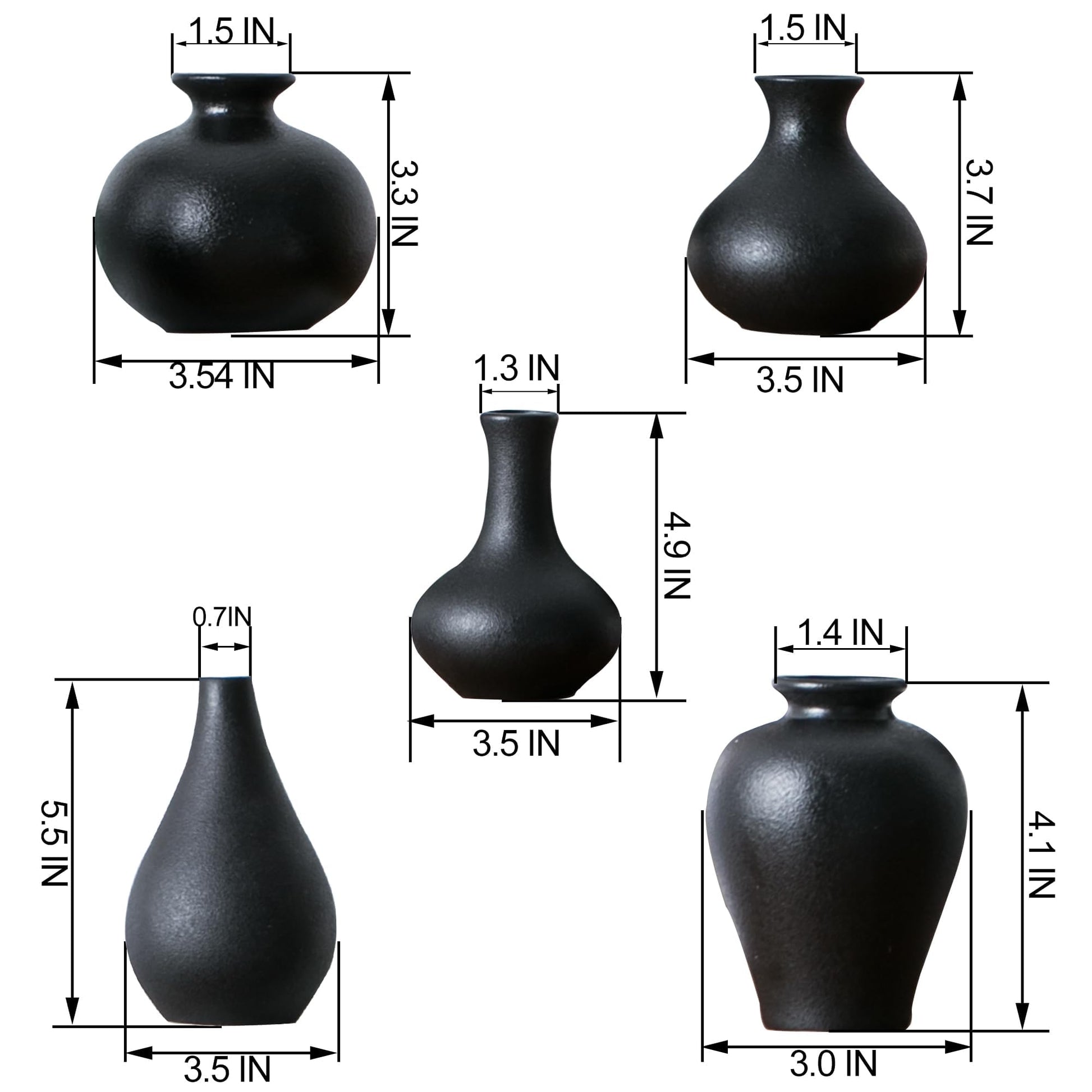 Black vases with measurements on a white background