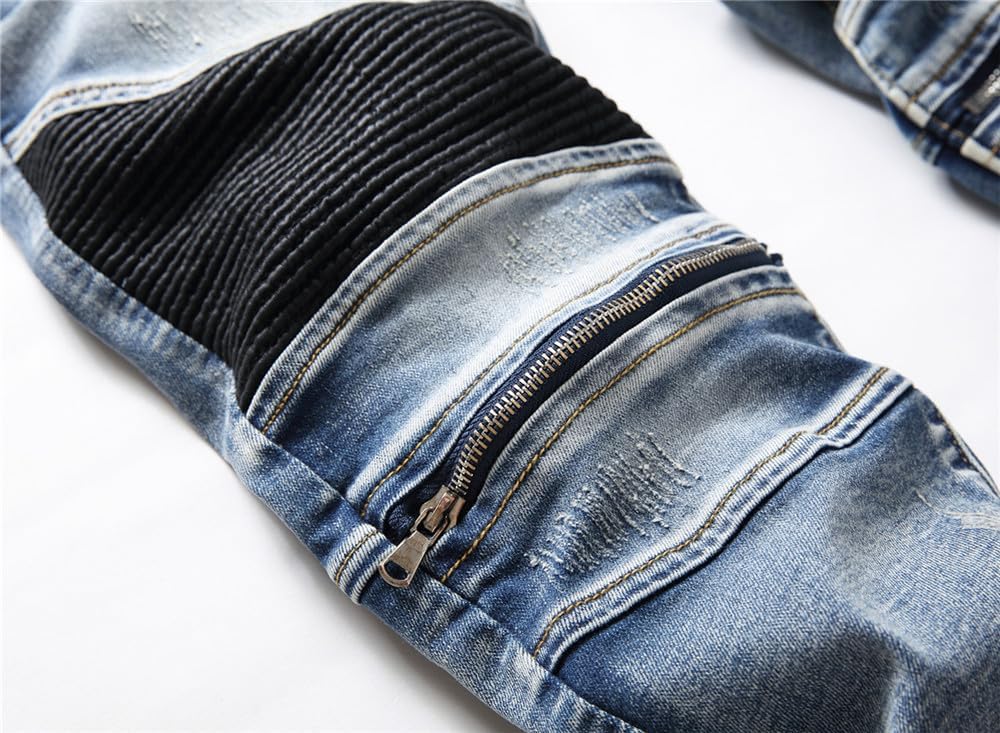 AITITIA Men's Biker Zipper Deco Washed Straight Fit Jeans (40, 002 Light Blue)