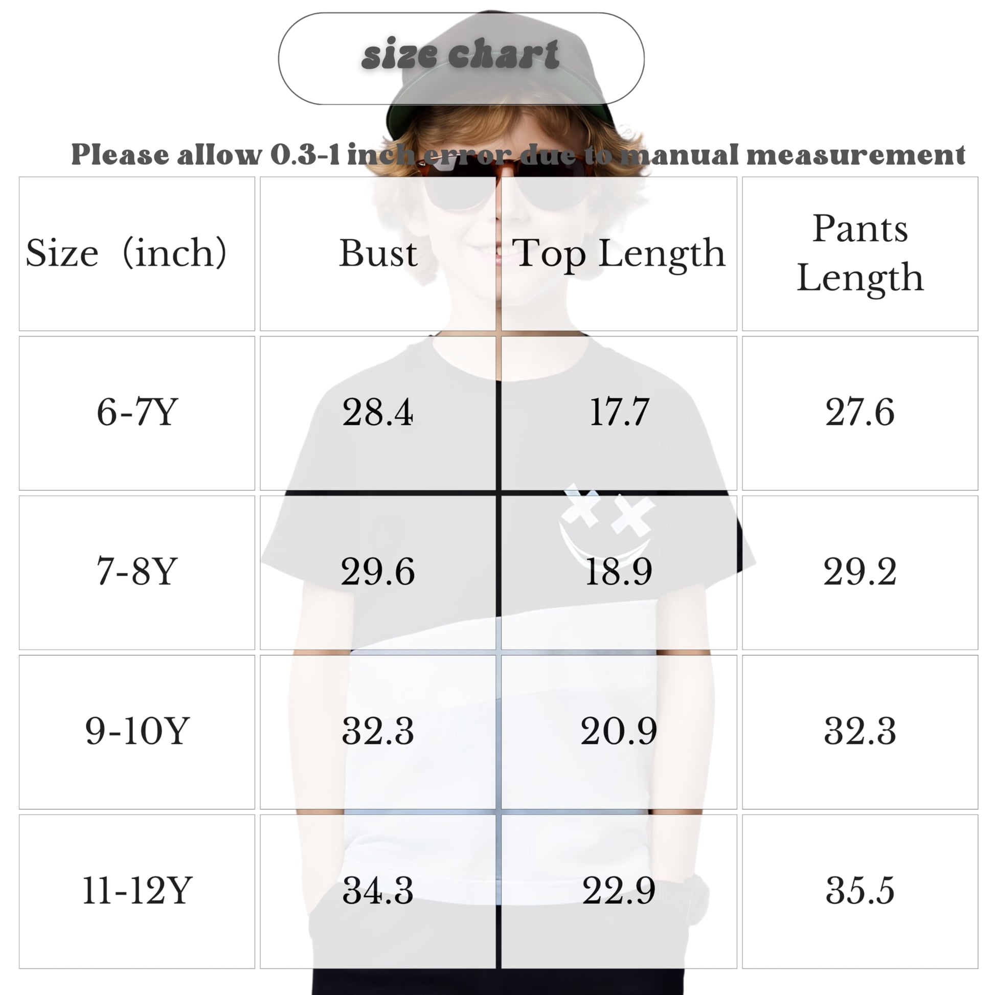 Size chart for children's clothing with measurements in inches