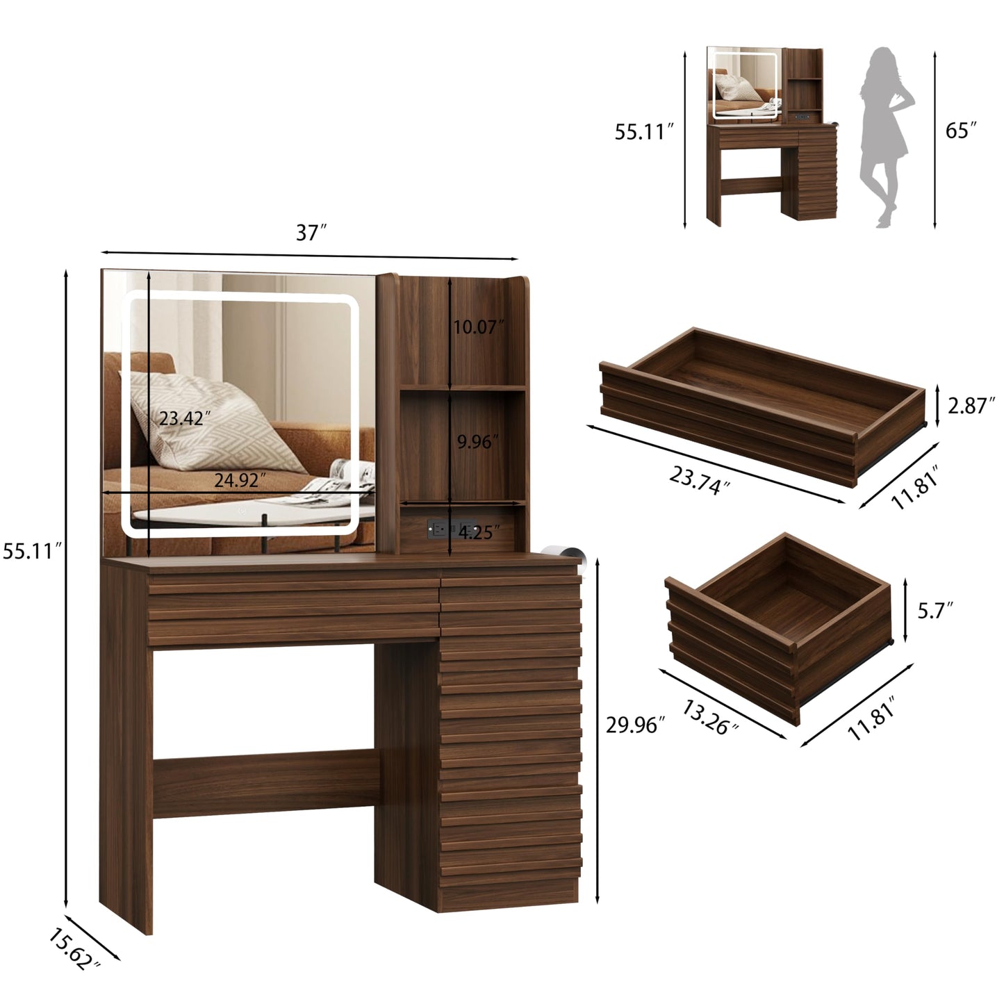 Wooden vanity table with mirror and dimensions on a white background