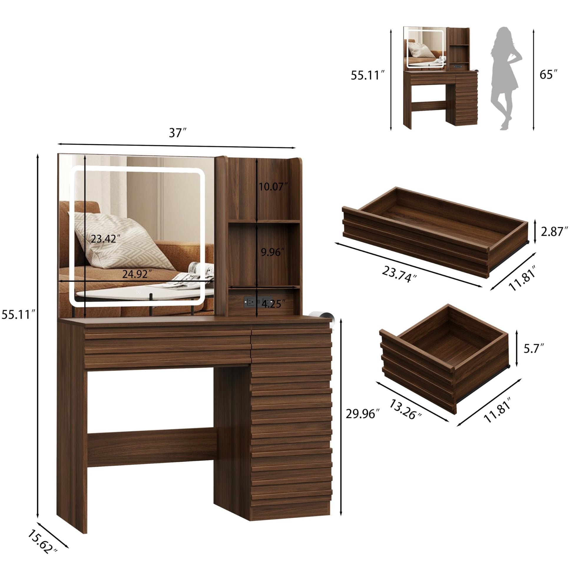 Wooden vanity table with mirror and dimensions on a white background