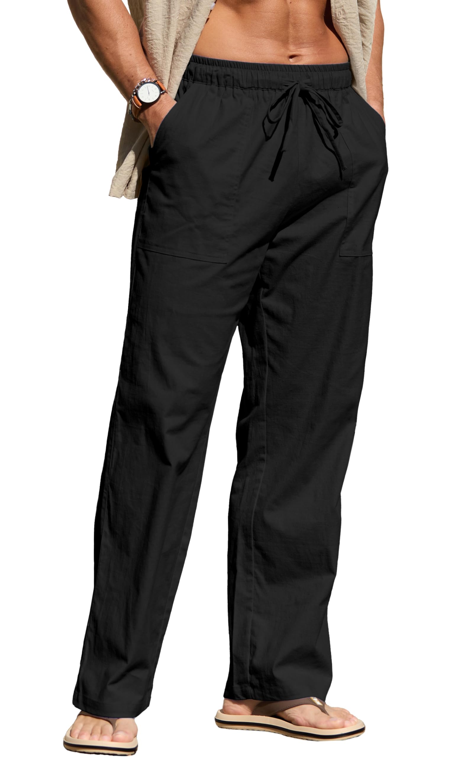 Sailwind Men's Casual Linen Pants Beach Summer Elastic Waist Drawstring Pants Lightweight Linen Trousers White